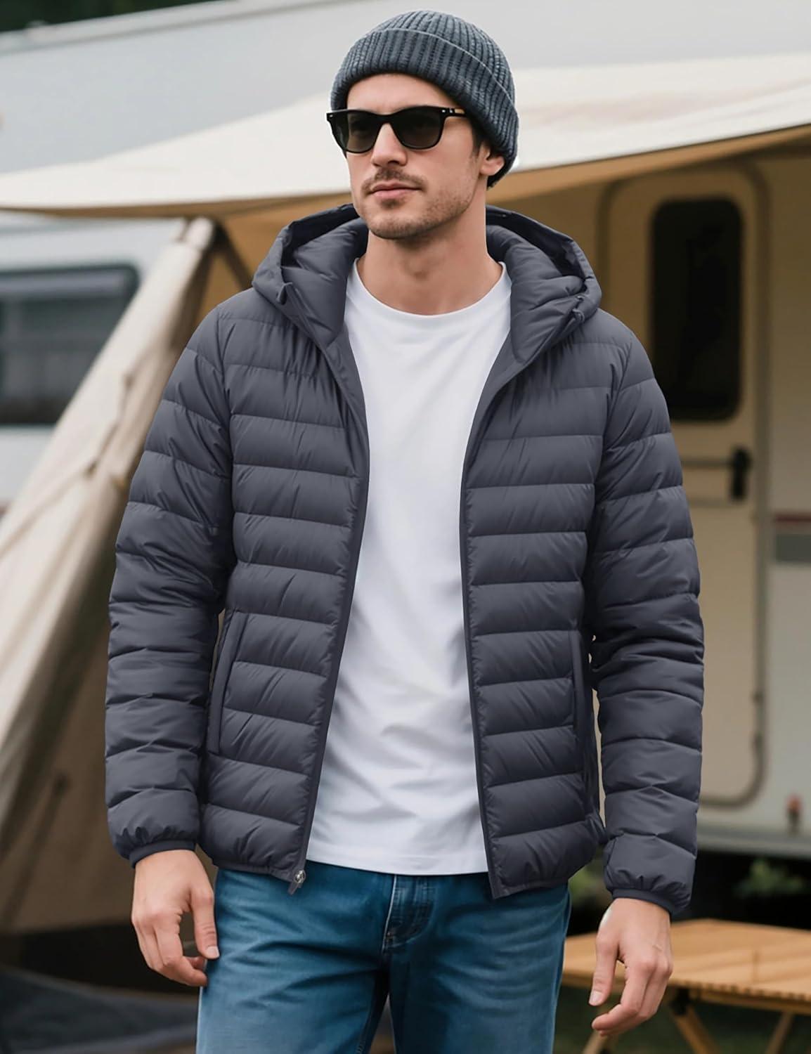 imageMAGCOMSEN Mens Lightweight Puffer Jacket Hooded Warm Winter Coat Quilted Lined WaterResistant Full Zip Bubble JacketsDark Grey