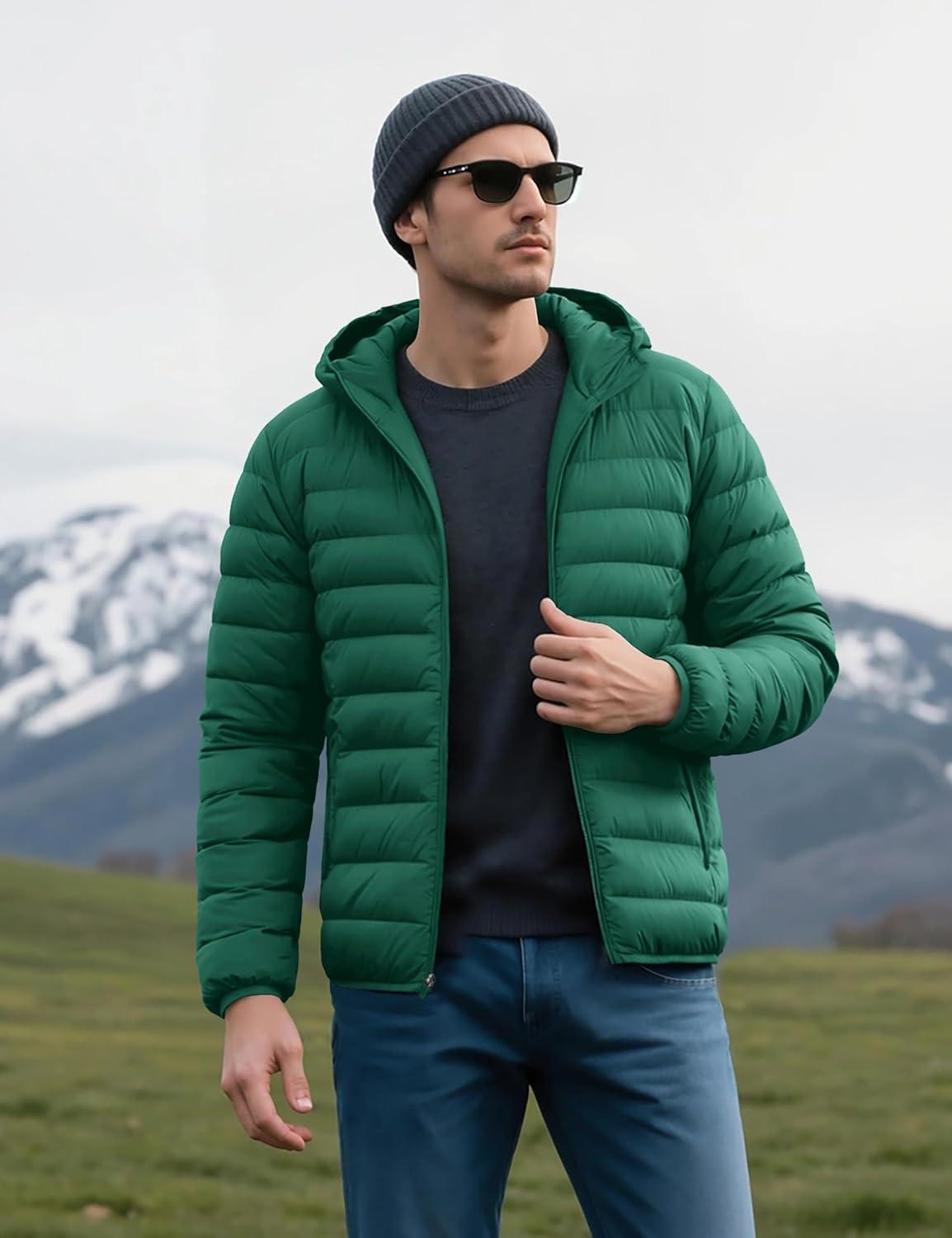 imageMAGCOMSEN Mens Lightweight Puffer Jacket Hooded Warm Winter Coat Quilted Lined WaterResistant Full Zip Bubble JacketsEmerald Green