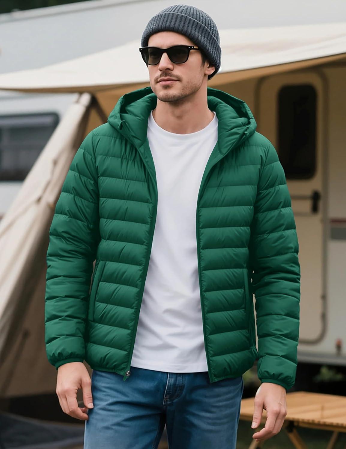 imageMAGCOMSEN Mens Lightweight Puffer Jacket Hooded Warm Winter Coat Quilted Lined WaterResistant Full Zip Bubble JacketsEmerald Green