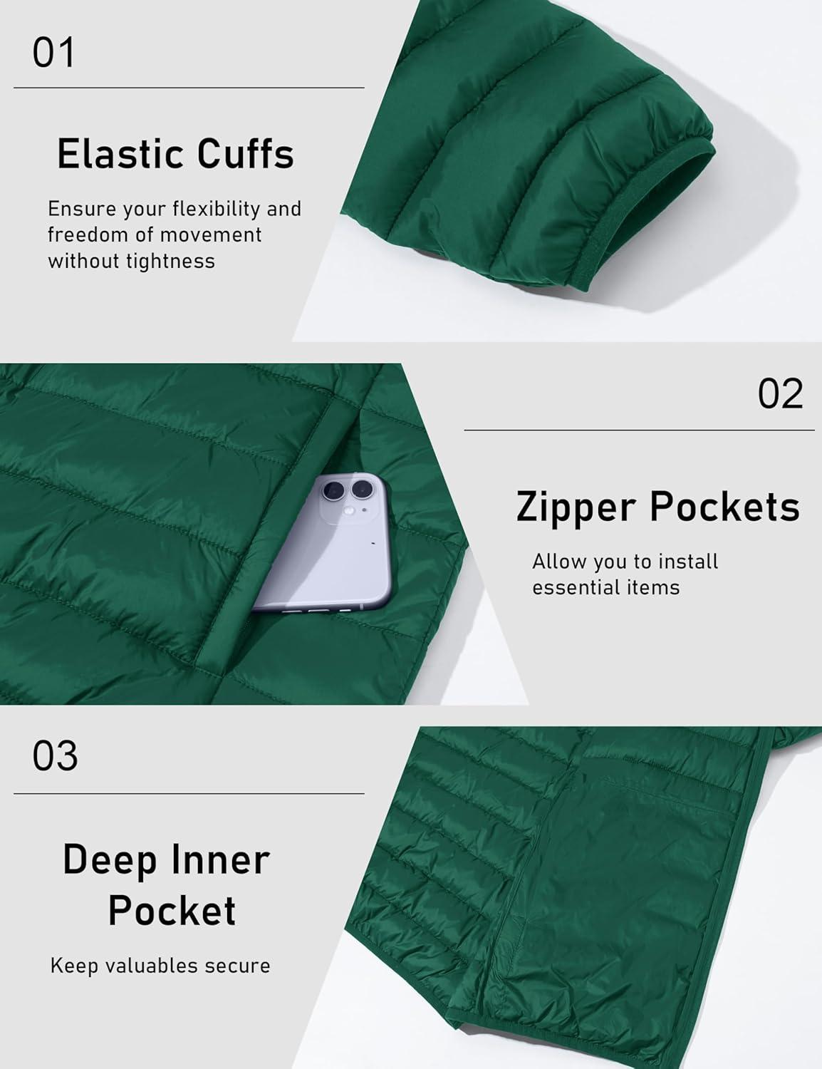 imageMAGCOMSEN Mens Lightweight Puffer Jacket Hooded Warm Winter Coat Quilted Lined WaterResistant Full Zip Bubble JacketsEmerald Green