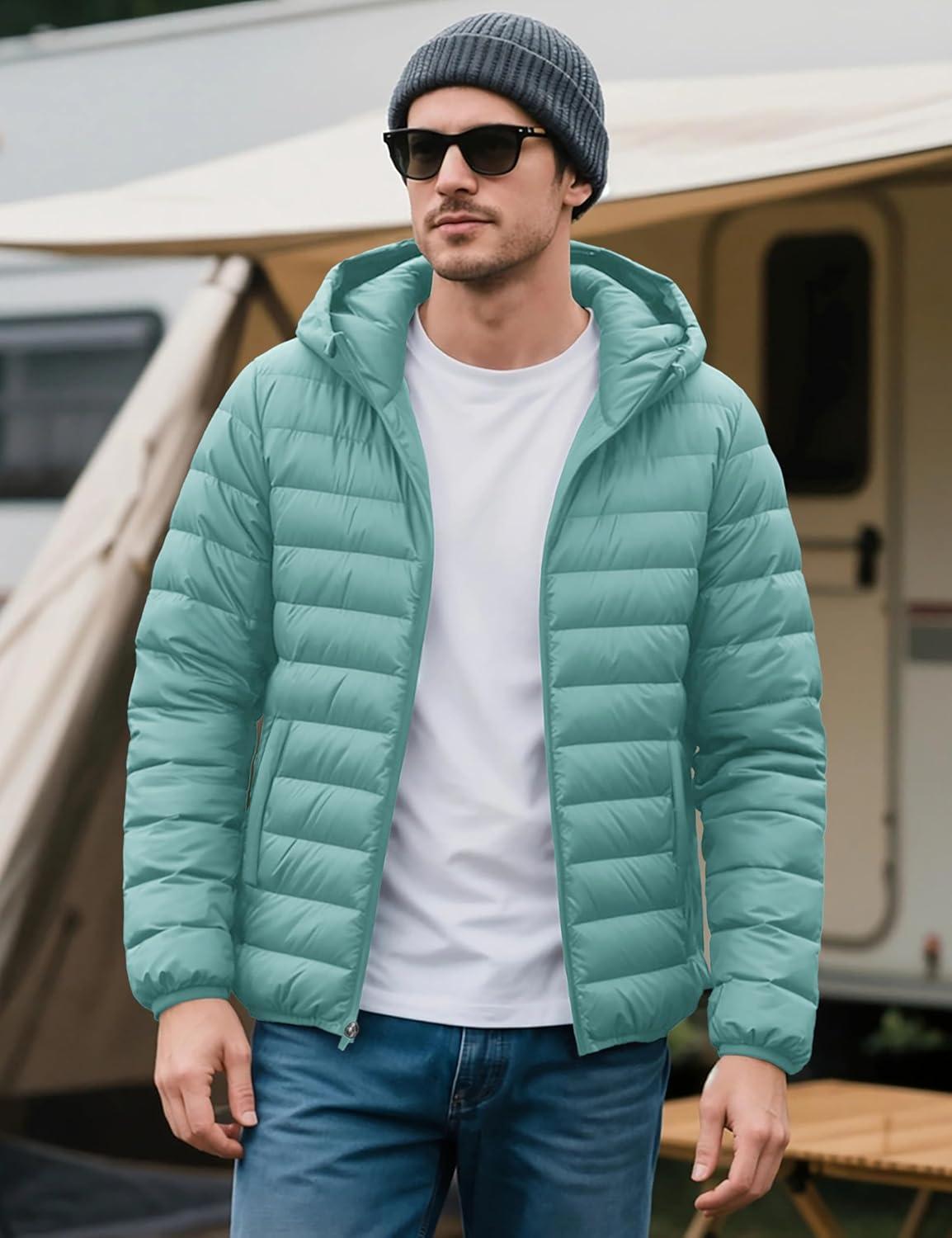 imageMAGCOMSEN Mens Lightweight Puffer Jacket Hooded Warm Winter Coat Quilted Lined WaterResistant Full Zip Bubble JacketsGrey Green