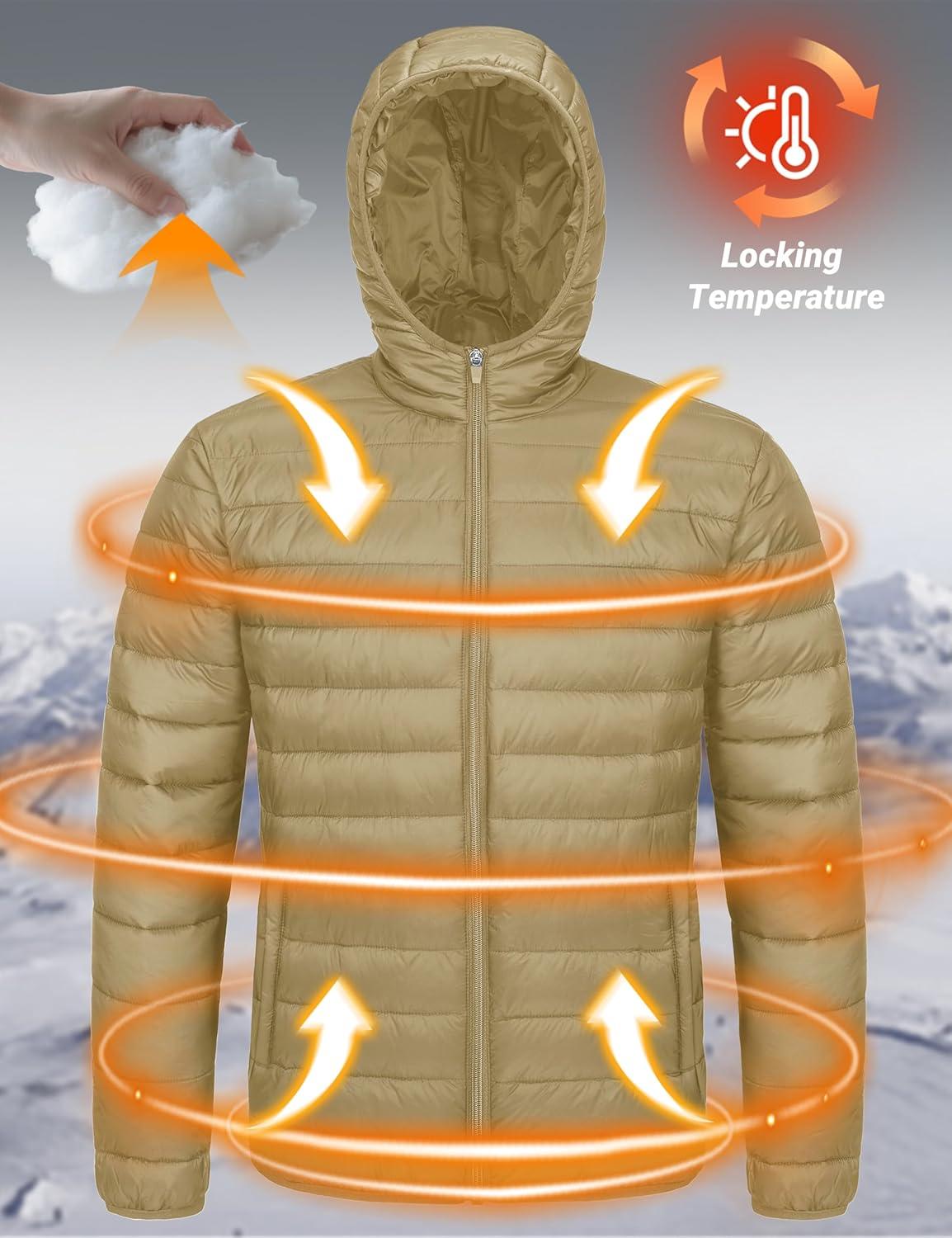 imageMAGCOMSEN Mens Lightweight Puffer Jacket Hooded Warm Winter Coat Quilted Lined WaterResistant Full Zip Bubble JacketsKhaki