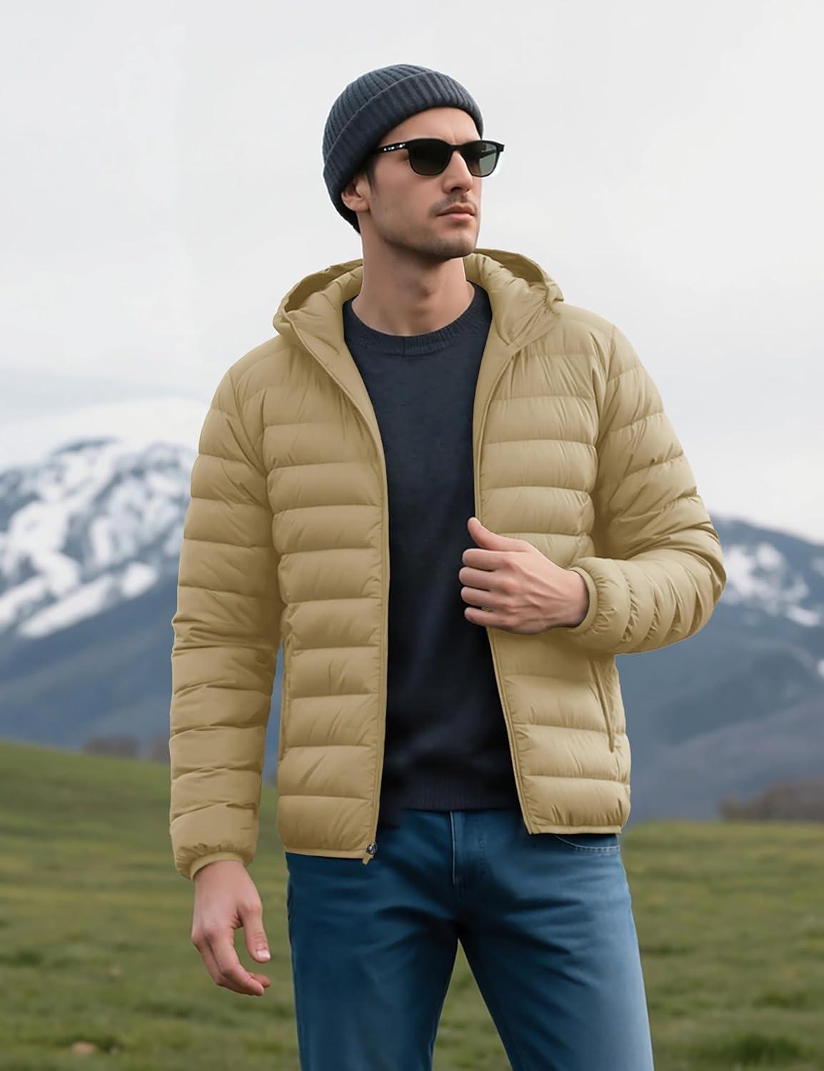 imageMAGCOMSEN Mens Lightweight Puffer Jacket Hooded Warm Winter Coat Quilted Lined WaterResistant Full Zip Bubble JacketsKhaki