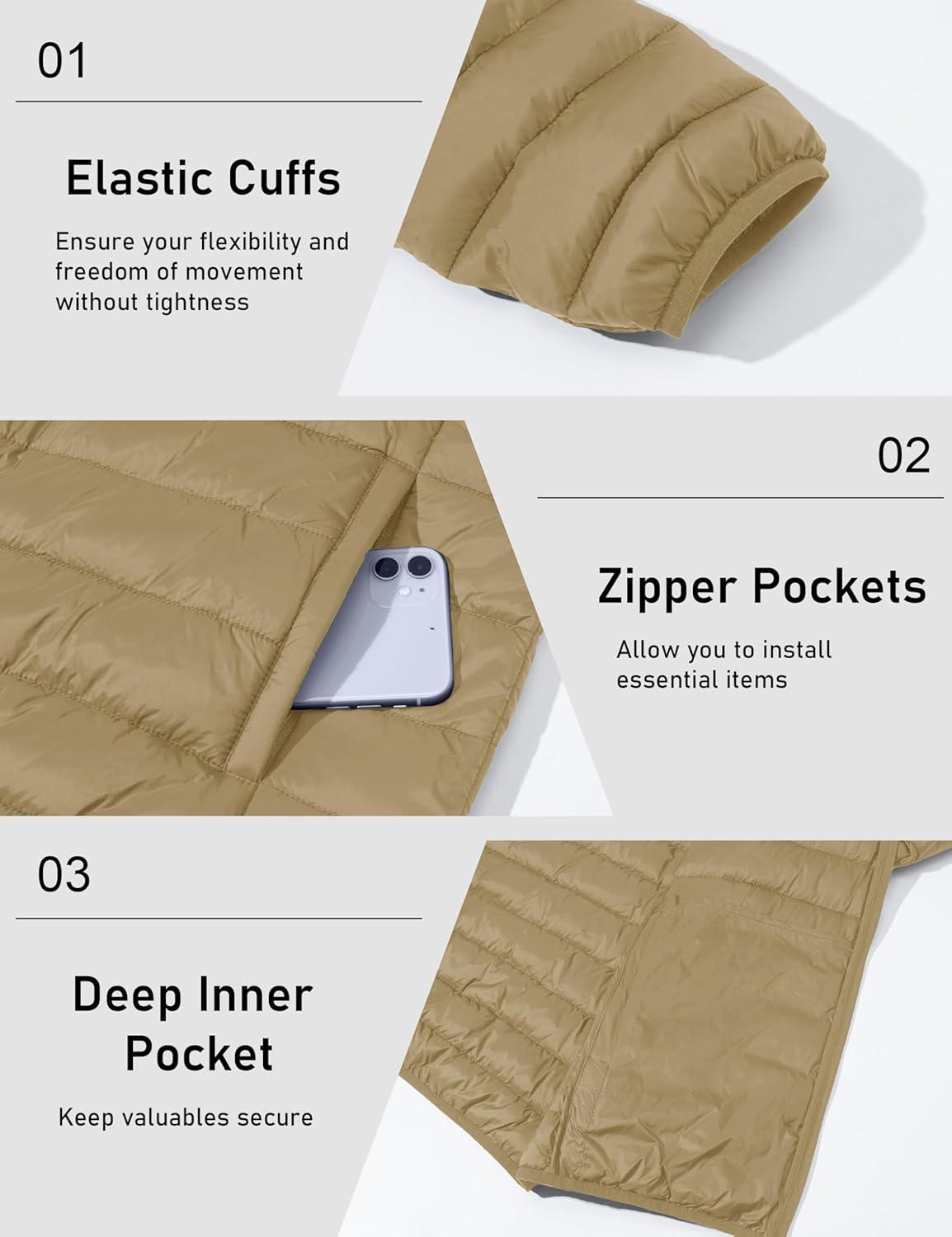 imageMAGCOMSEN Mens Lightweight Puffer Jacket Hooded Warm Winter Coat Quilted Lined WaterResistant Full Zip Bubble JacketsKhaki
