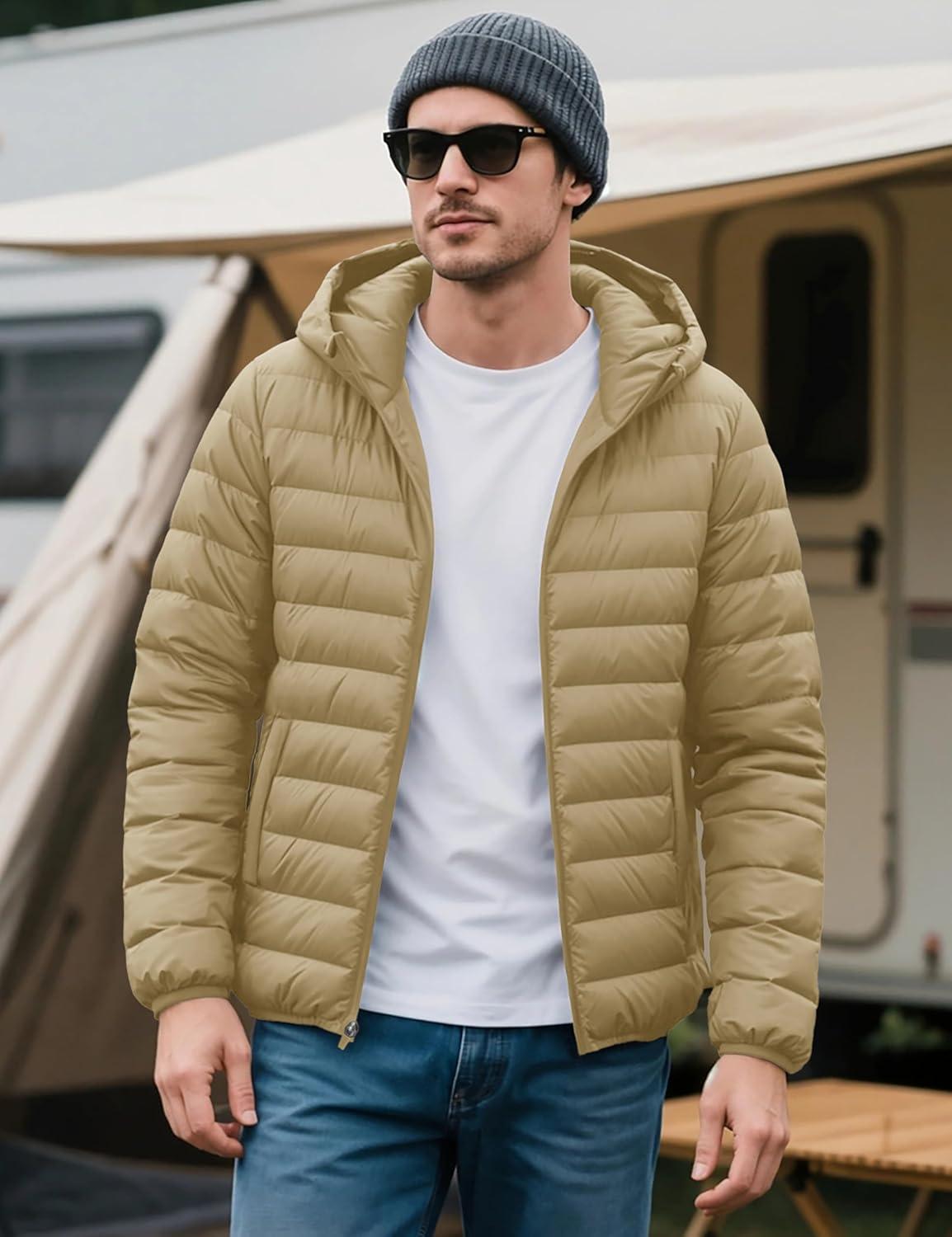 imageMAGCOMSEN Mens Lightweight Puffer Jacket Hooded Warm Winter Coat Quilted Lined WaterResistant Full Zip Bubble JacketsKhaki