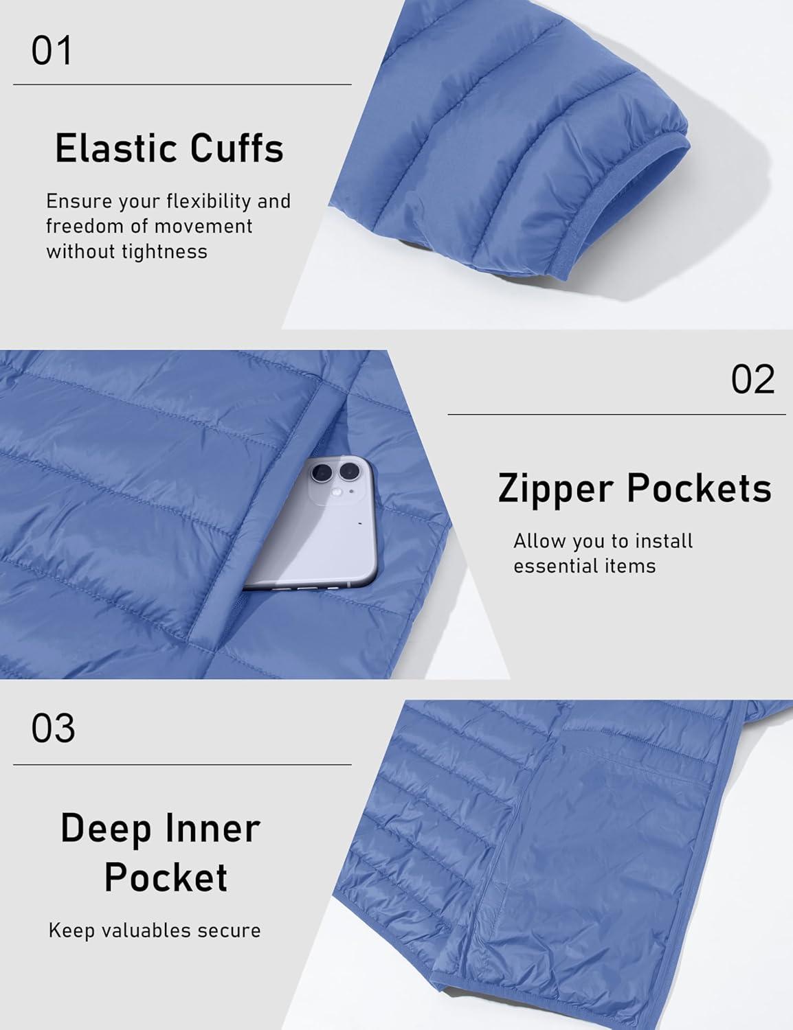 imageMAGCOMSEN Mens Lightweight Puffer Jacket Hooded Warm Winter Coat Quilted Lined WaterResistant Full Zip Bubble JacketsLight Blue