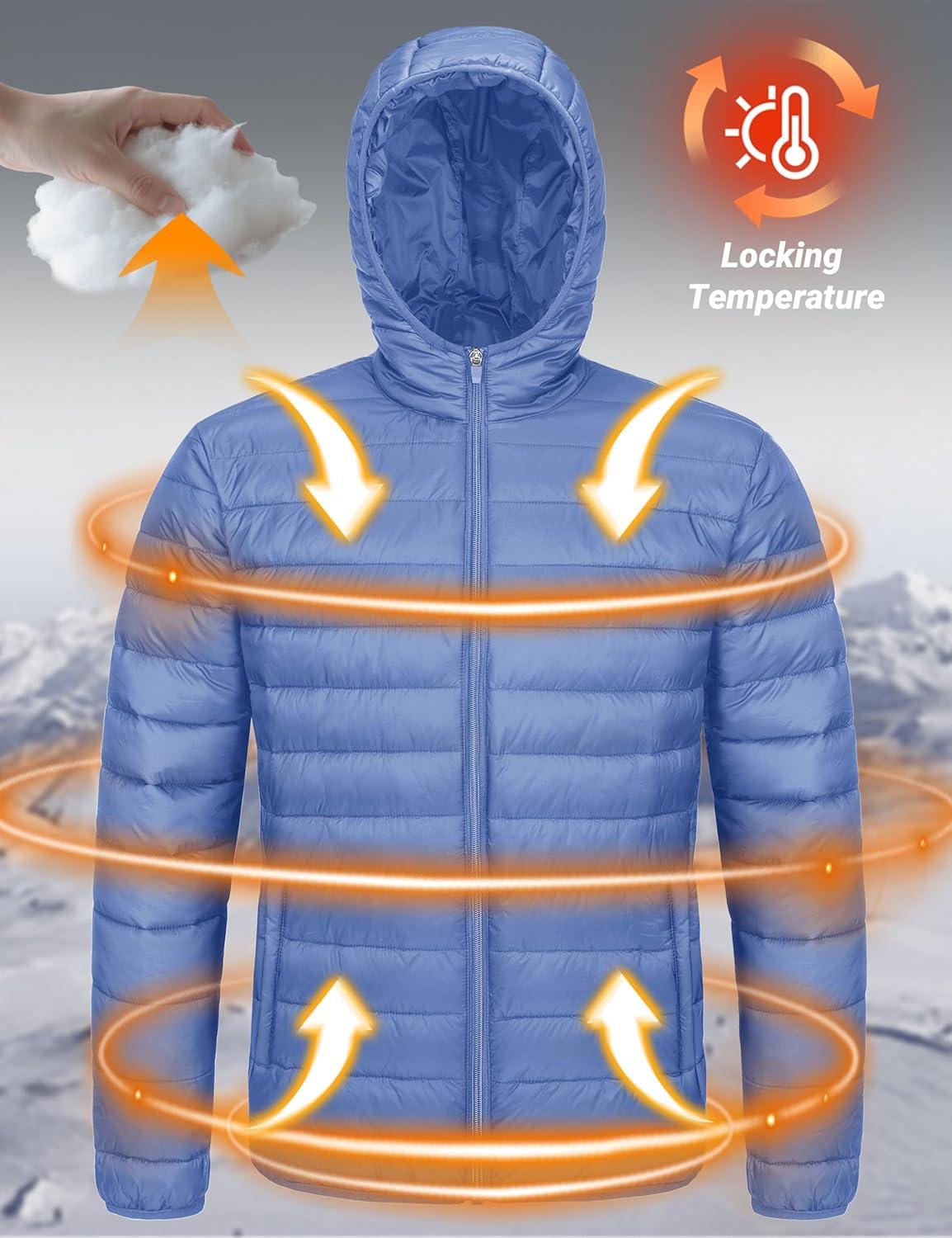 imageMAGCOMSEN Mens Lightweight Puffer Jacket Hooded Warm Winter Coat Quilted Lined WaterResistant Full Zip Bubble JacketsLight Blue