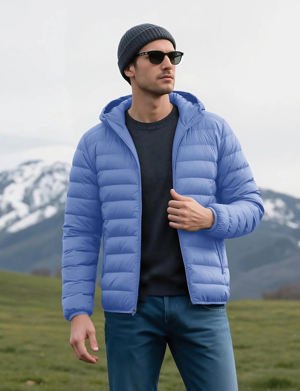 imageMAGCOMSEN Mens Lightweight Puffer Jacket Hooded Warm Winter Coat Quilted Lined WaterResistant Full Zip Bubble JacketsLight Blue