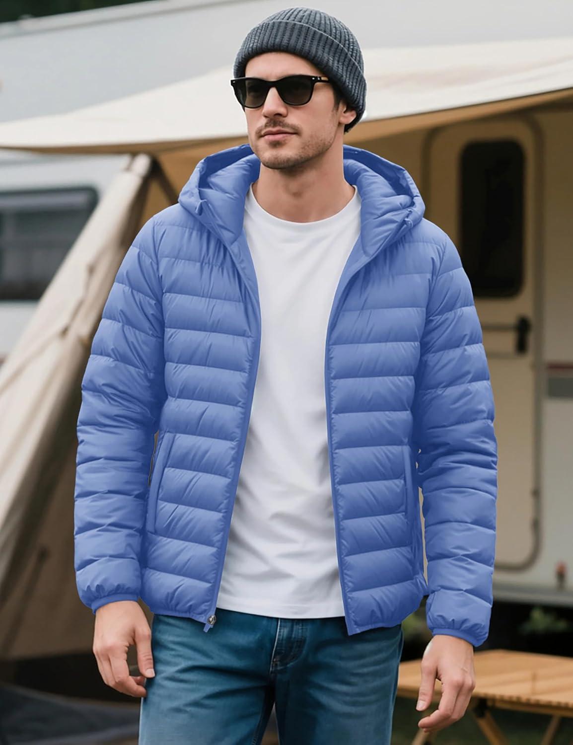 imageMAGCOMSEN Mens Lightweight Puffer Jacket Hooded Warm Winter Coat Quilted Lined WaterResistant Full Zip Bubble JacketsLight Blue