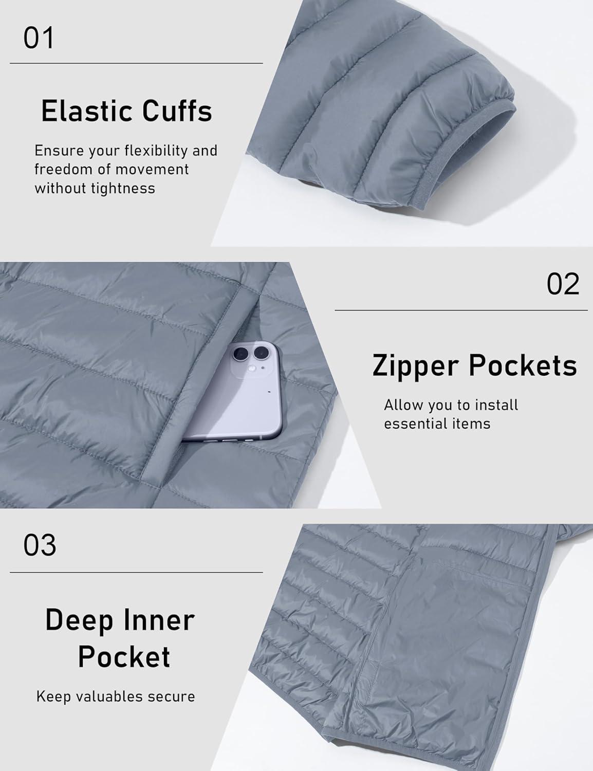 imageMAGCOMSEN Mens Lightweight Puffer Jacket Hooded Warm Winter Coat Quilted Lined WaterResistant Full Zip Bubble JacketsLight Grey