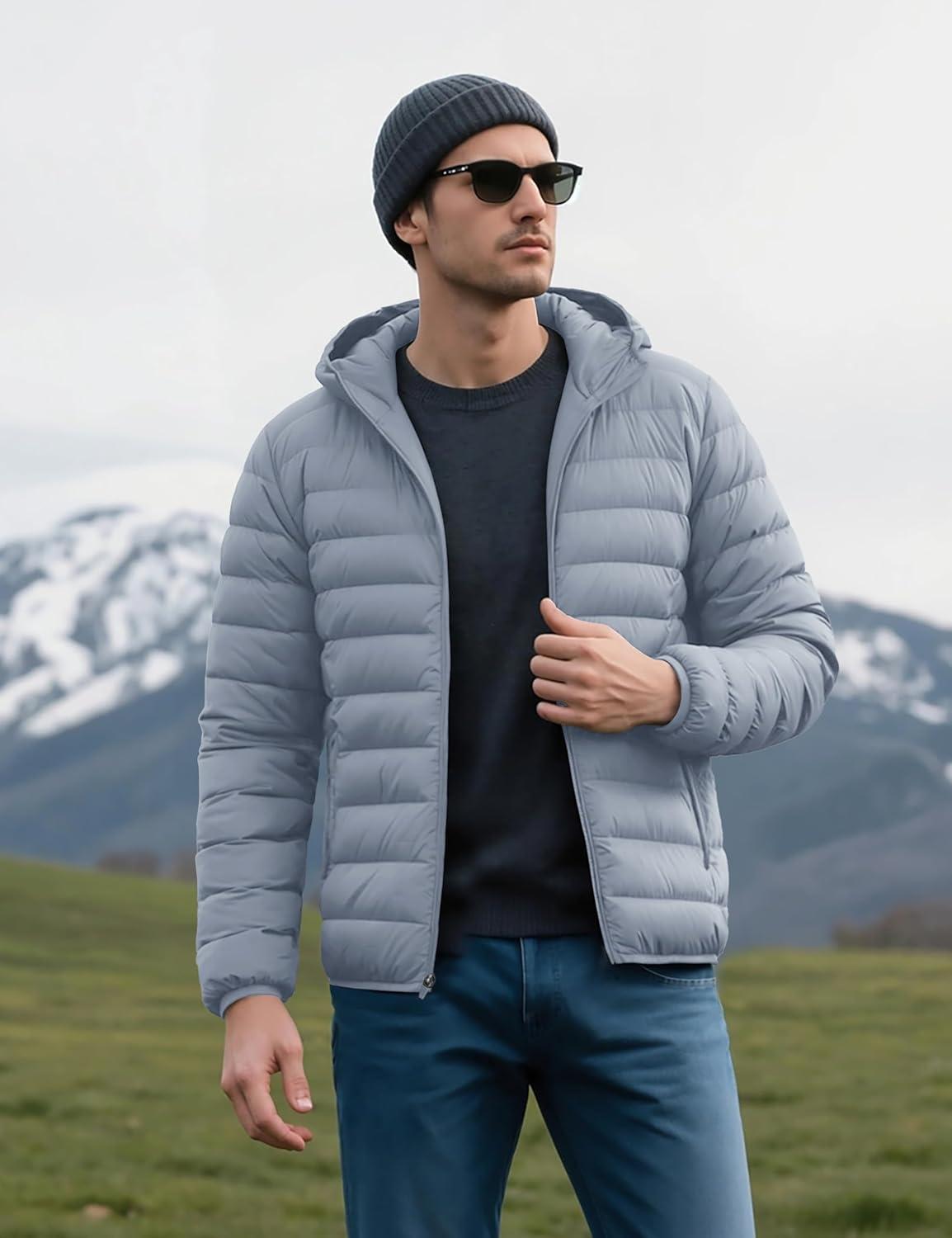 imageMAGCOMSEN Mens Lightweight Puffer Jacket Hooded Warm Winter Coat Quilted Lined WaterResistant Full Zip Bubble JacketsLight Grey
