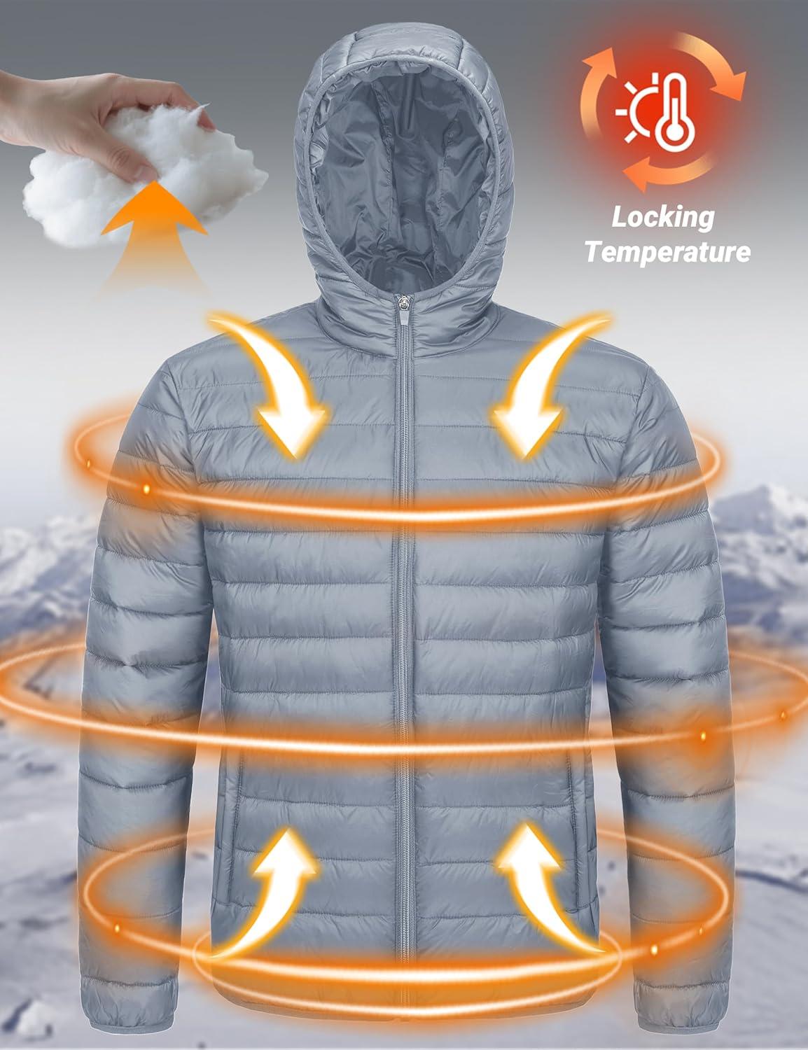 imageMAGCOMSEN Mens Lightweight Puffer Jacket Hooded Warm Winter Coat Quilted Lined WaterResistant Full Zip Bubble JacketsLight Grey