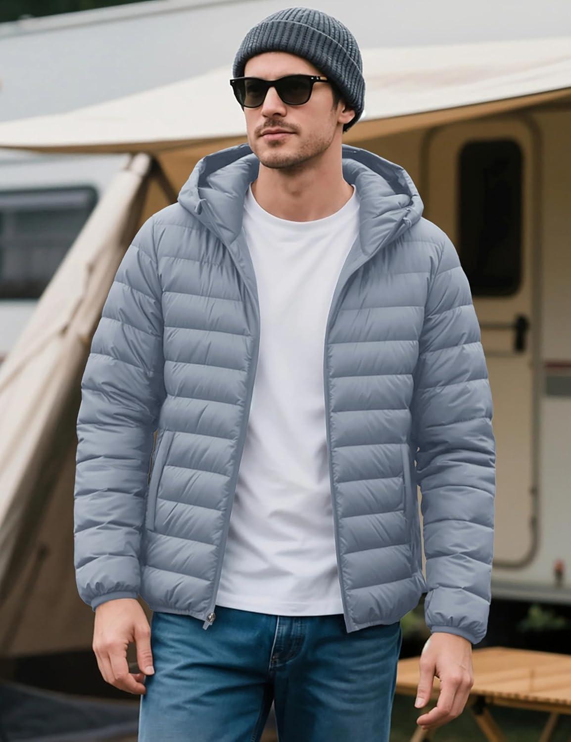 imageMAGCOMSEN Mens Lightweight Puffer Jacket Hooded Warm Winter Coat Quilted Lined WaterResistant Full Zip Bubble JacketsLight Grey