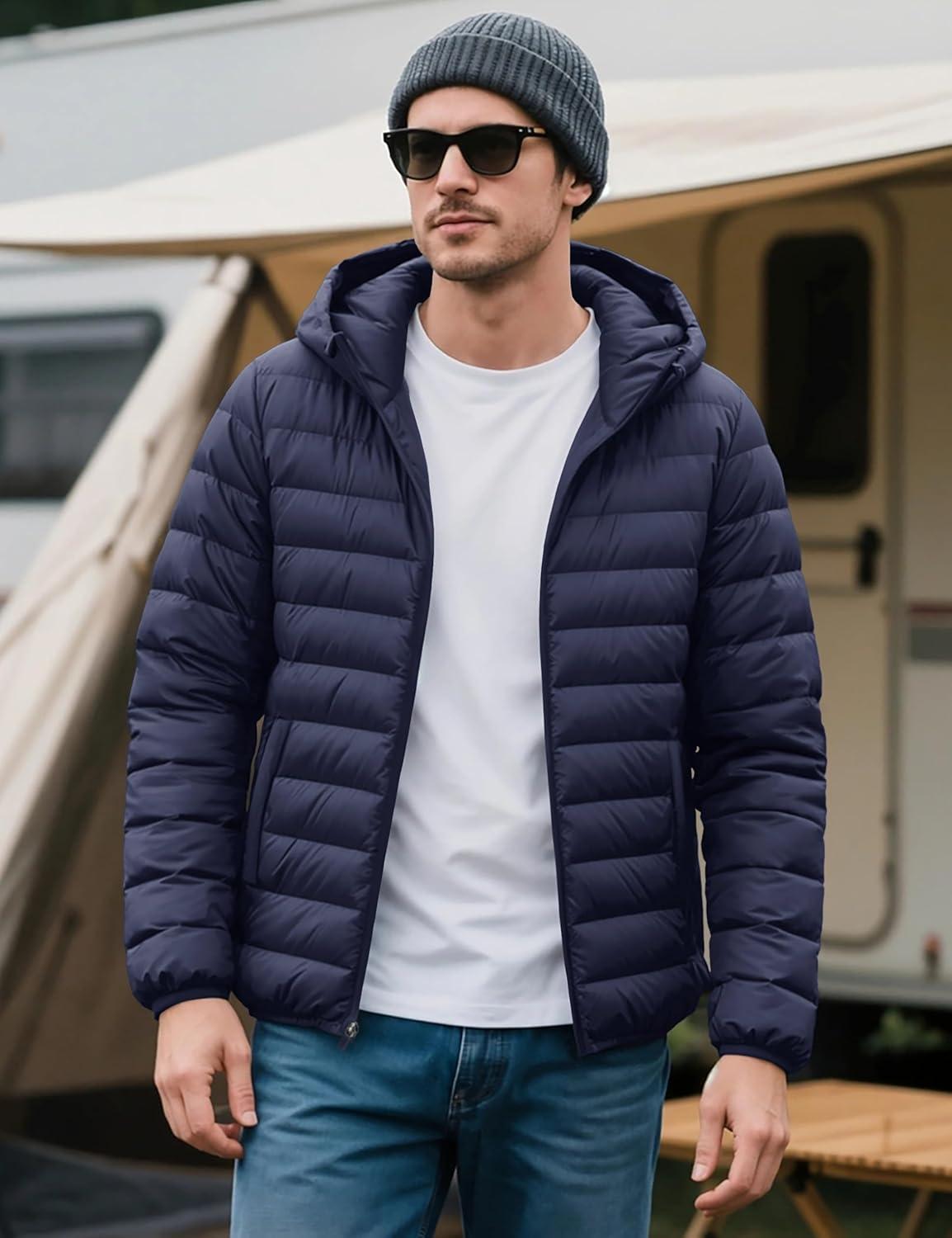 imageMAGCOMSEN Mens Lightweight Puffer Jacket Hooded Warm Winter Coat Quilted Lined WaterResistant Full Zip Bubble JacketsNavy