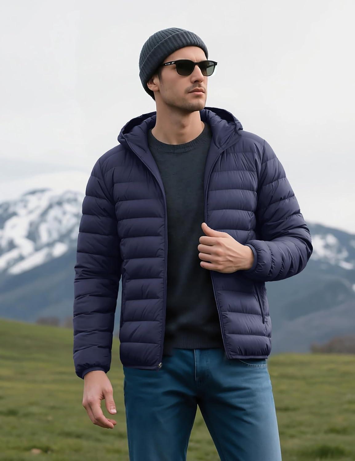 imageMAGCOMSEN Mens Lightweight Puffer Jacket Hooded Warm Winter Coat Quilted Lined WaterResistant Full Zip Bubble JacketsNavy