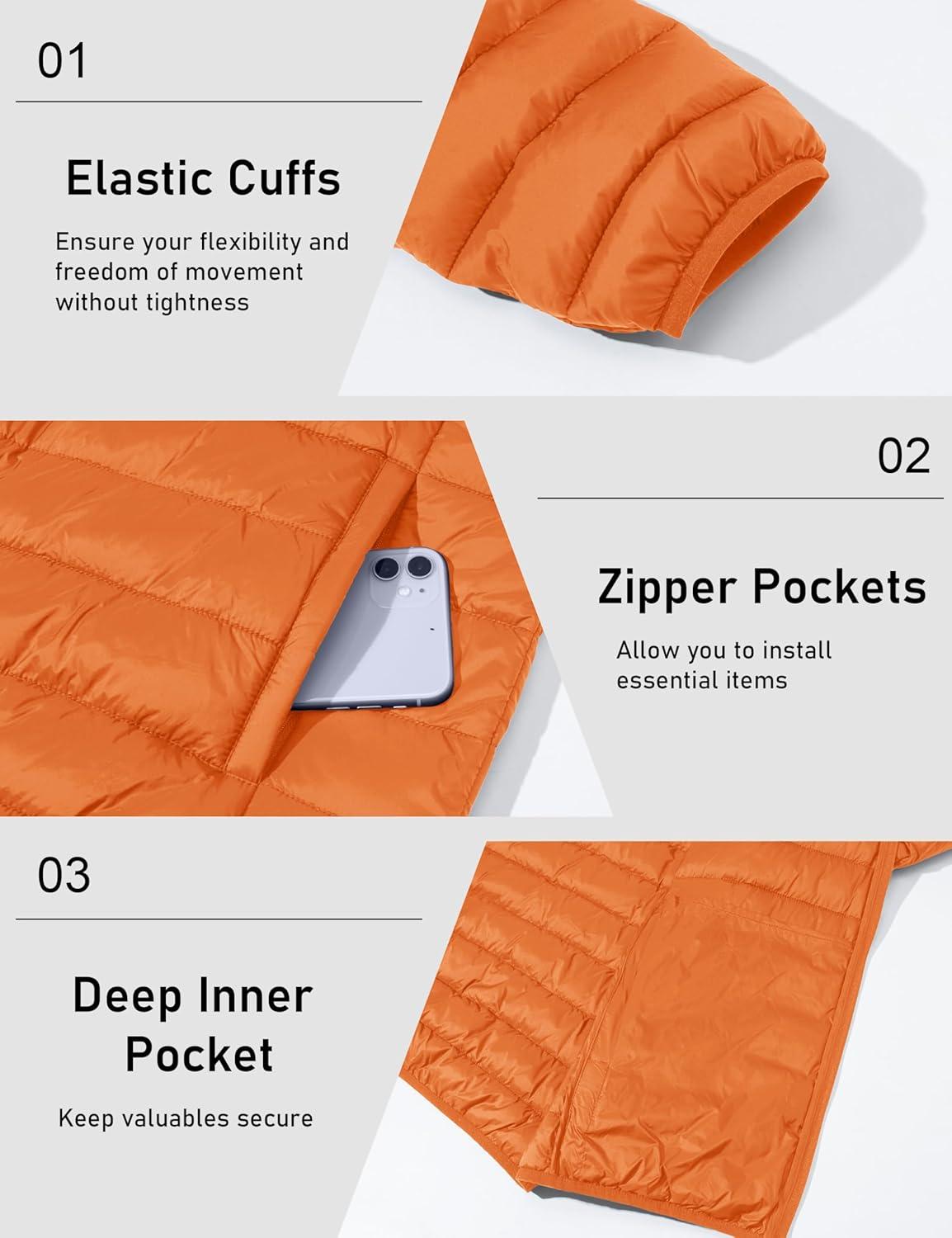 imageMAGCOMSEN Mens Lightweight Puffer Jacket Hooded Warm Winter Coat Quilted Lined WaterResistant Full Zip Bubble JacketsOrange