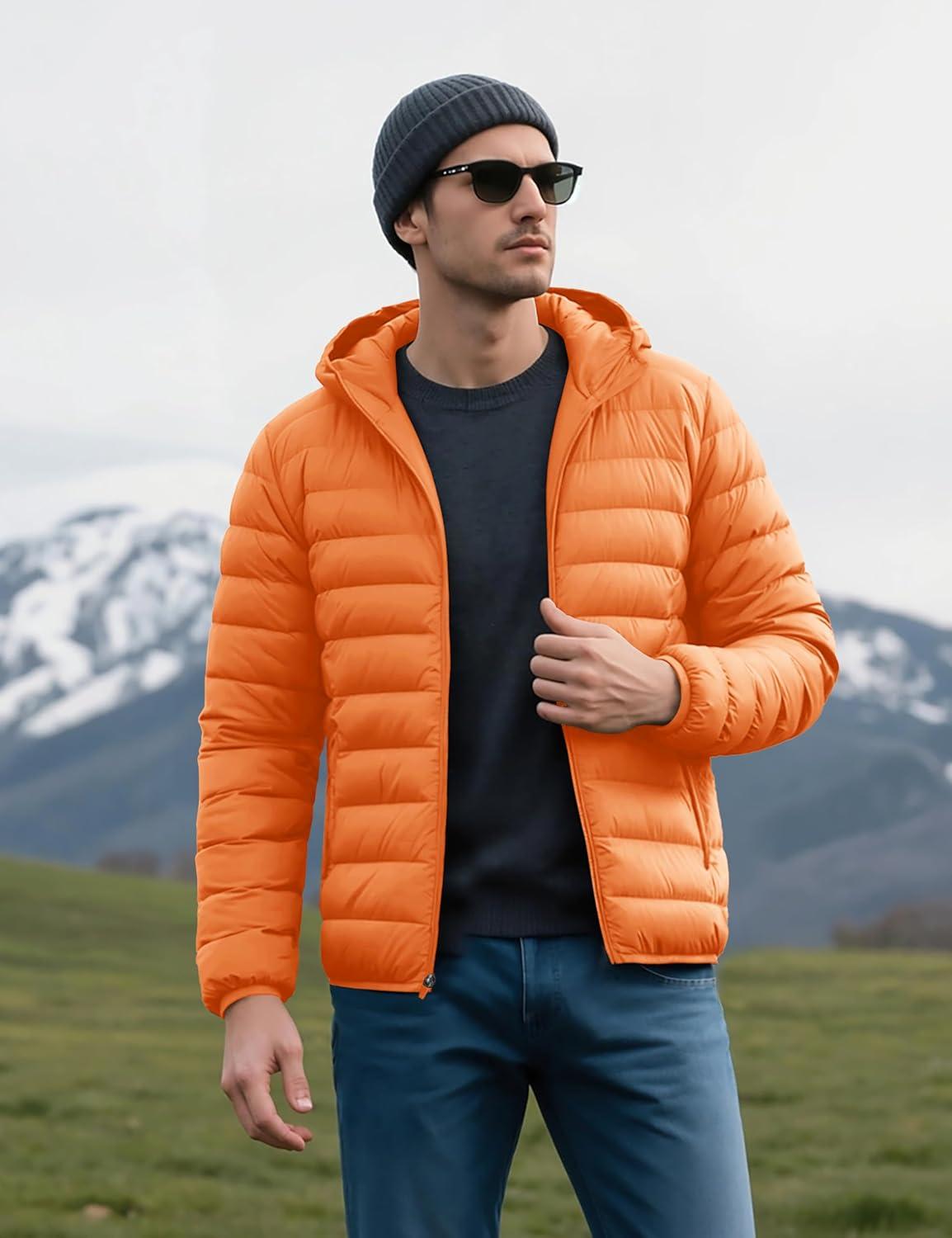 imageMAGCOMSEN Mens Lightweight Puffer Jacket Hooded Warm Winter Coat Quilted Lined WaterResistant Full Zip Bubble JacketsOrange