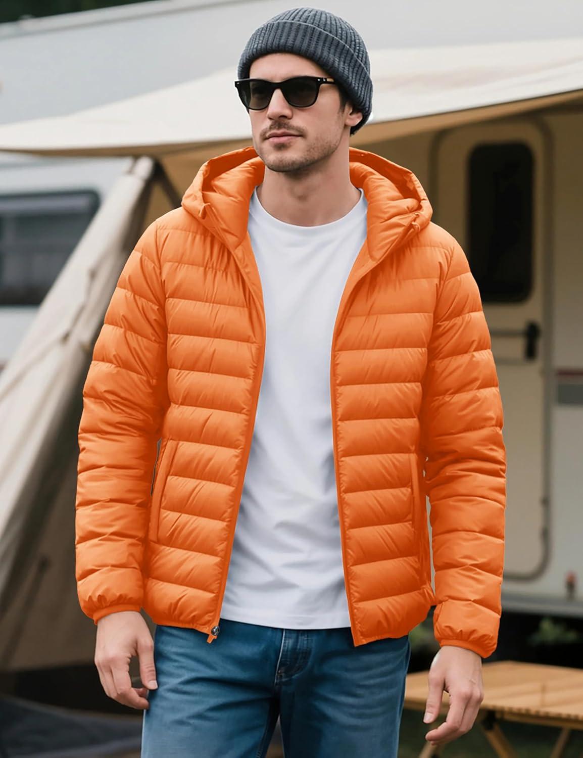 imageMAGCOMSEN Mens Lightweight Puffer Jacket Hooded Warm Winter Coat Quilted Lined WaterResistant Full Zip Bubble JacketsOrange