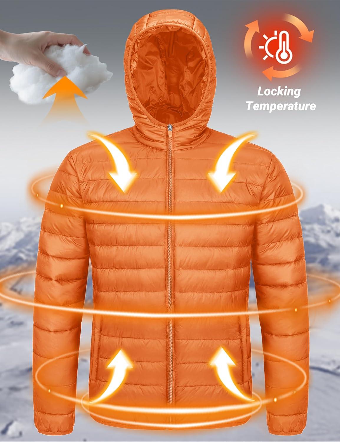 imageMAGCOMSEN Mens Lightweight Puffer Jacket Hooded Warm Winter Coat Quilted Lined WaterResistant Full Zip Bubble JacketsOrange
