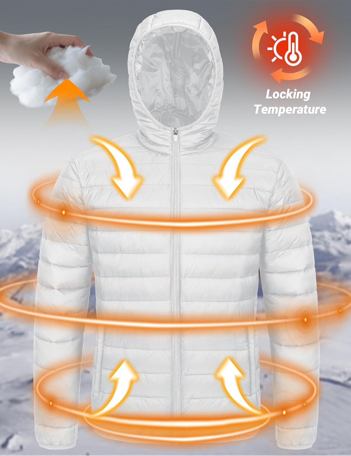 imageMAGCOMSEN Mens Lightweight Puffer Jacket Hooded Warm Winter Coat Quilted Lined WaterResistant Full Zip Bubble JacketsWhite
