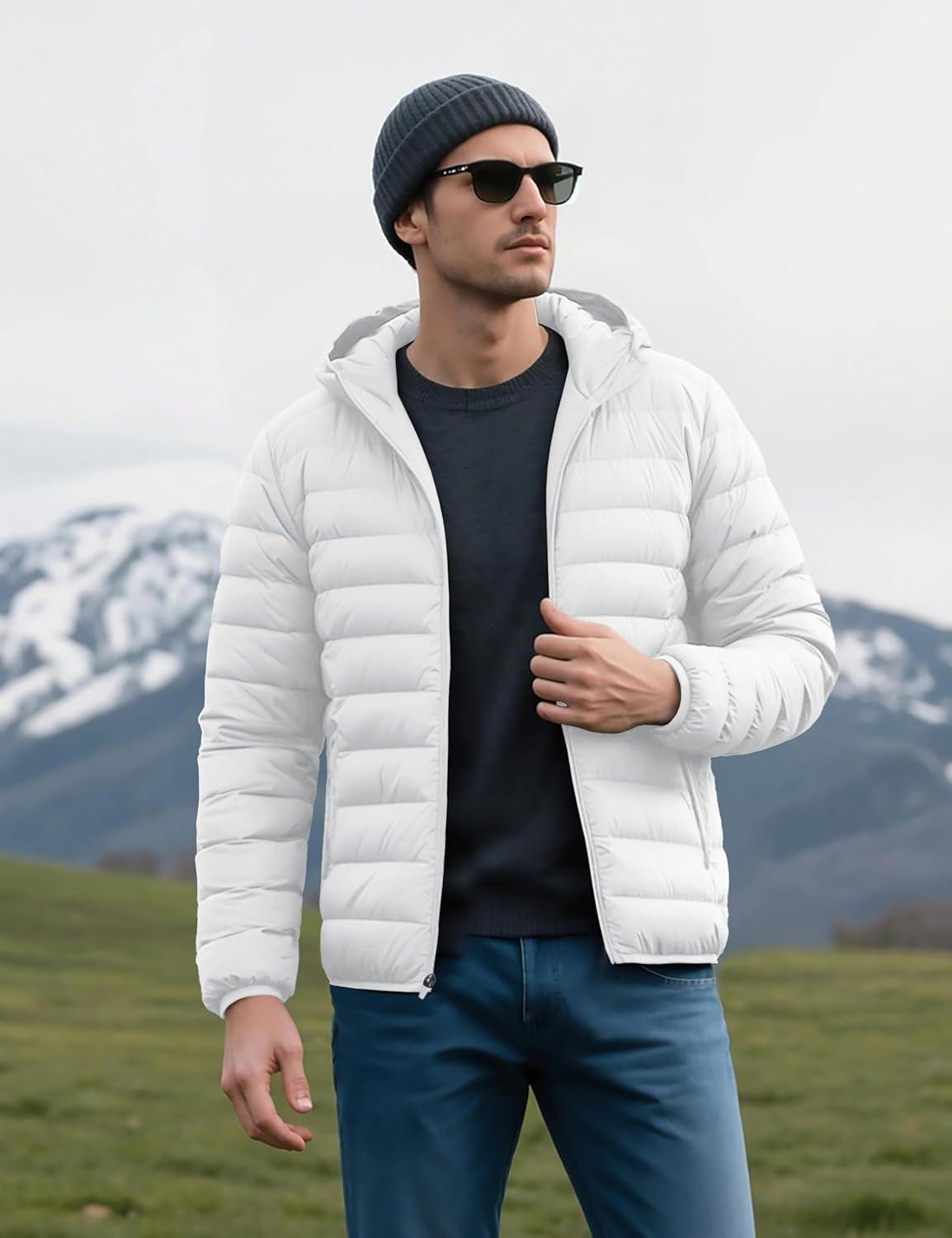 imageMAGCOMSEN Mens Lightweight Puffer Jacket Hooded Warm Winter Coat Quilted Lined WaterResistant Full Zip Bubble JacketsWhite