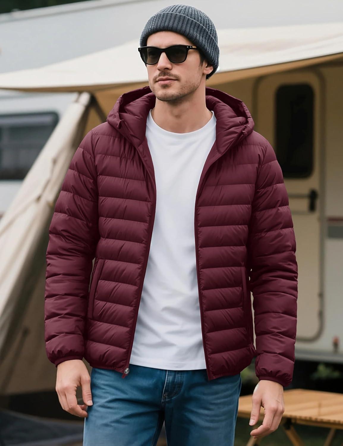 imageMAGCOMSEN Mens Lightweight Puffer Jacket Hooded Warm Winter Coat Quilted Lined WaterResistant Full Zip Bubble JacketsWine Red