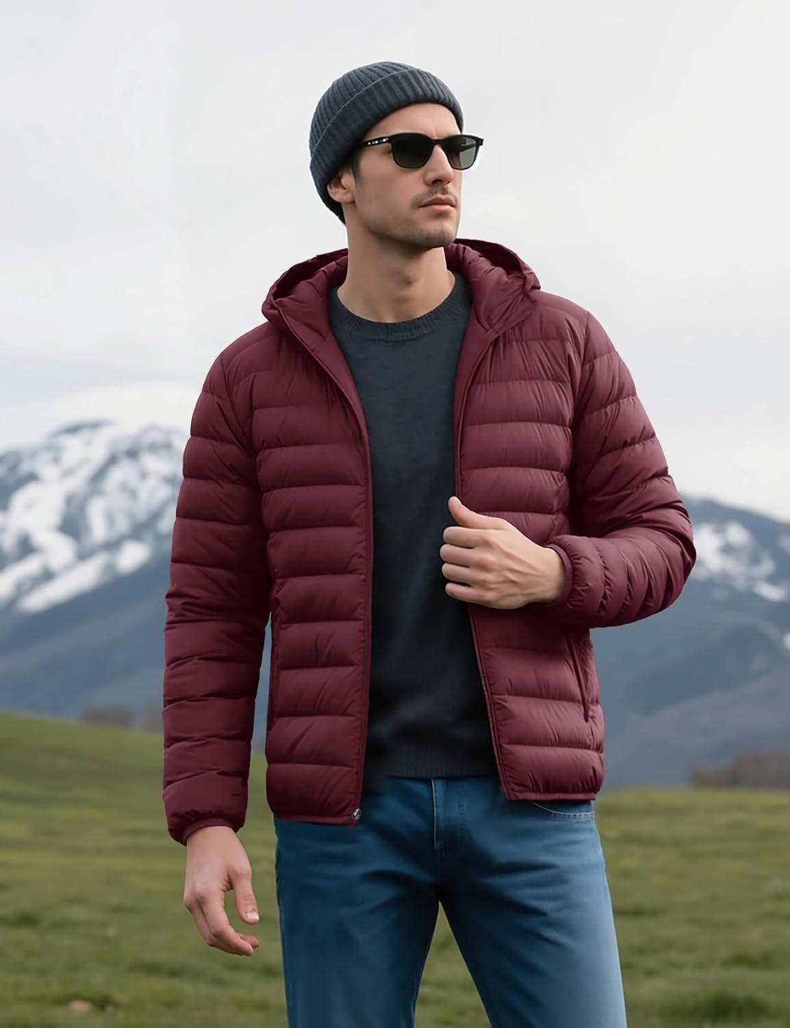 imageMAGCOMSEN Mens Lightweight Puffer Jacket Hooded Warm Winter Coat Quilted Lined WaterResistant Full Zip Bubble JacketsWine Red