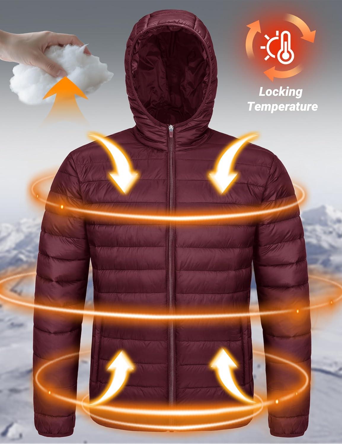 imageMAGCOMSEN Mens Lightweight Puffer Jacket Hooded Warm Winter Coat Quilted Lined WaterResistant Full Zip Bubble JacketsWine Red