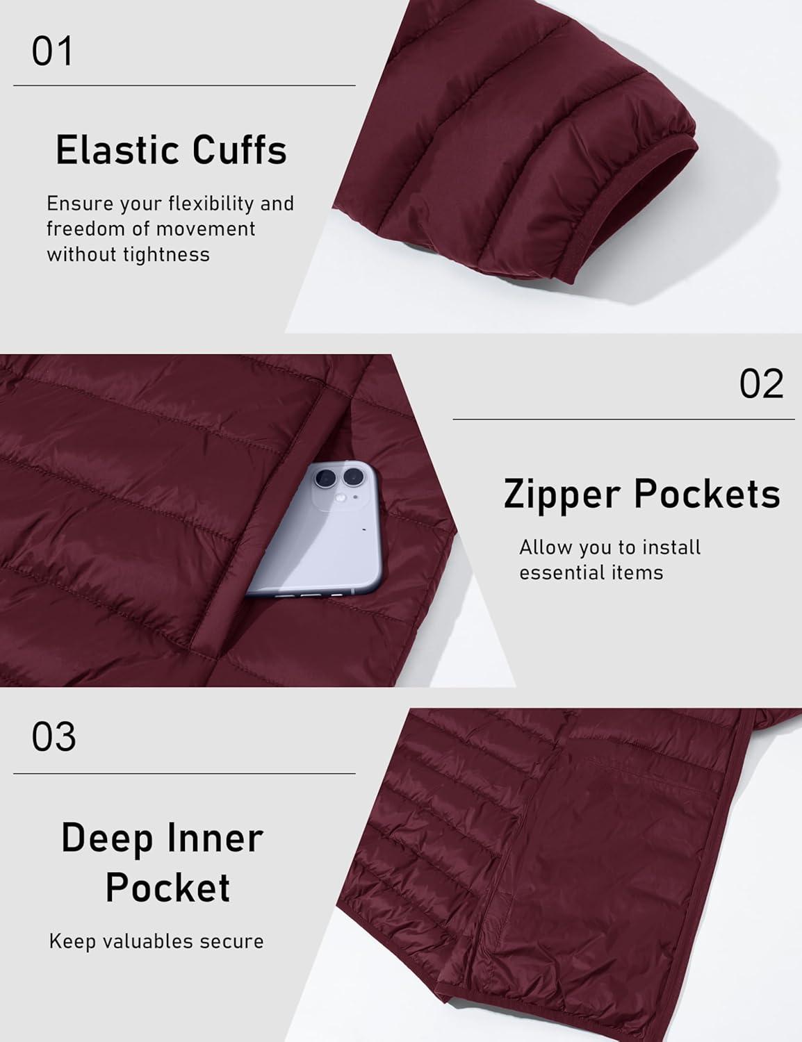 imageMAGCOMSEN Mens Lightweight Puffer Jacket Hooded Warm Winter Coat Quilted Lined WaterResistant Full Zip Bubble JacketsWine Red