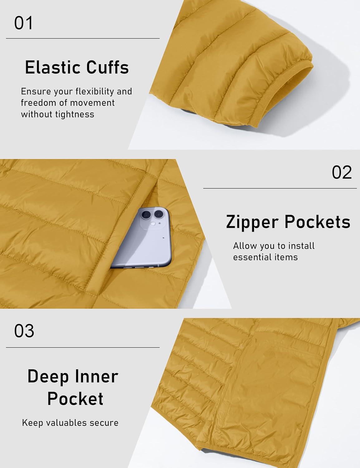 imageMAGCOMSEN Mens Lightweight Puffer Jacket Hooded Warm Winter Coat Quilted Lined WaterResistant Full Zip Bubble JacketsYellow