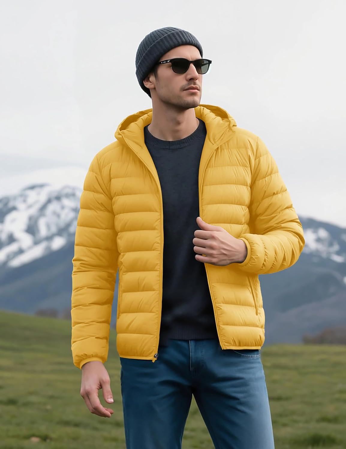 imageMAGCOMSEN Mens Lightweight Puffer Jacket Hooded Warm Winter Coat Quilted Lined WaterResistant Full Zip Bubble JacketsYellow