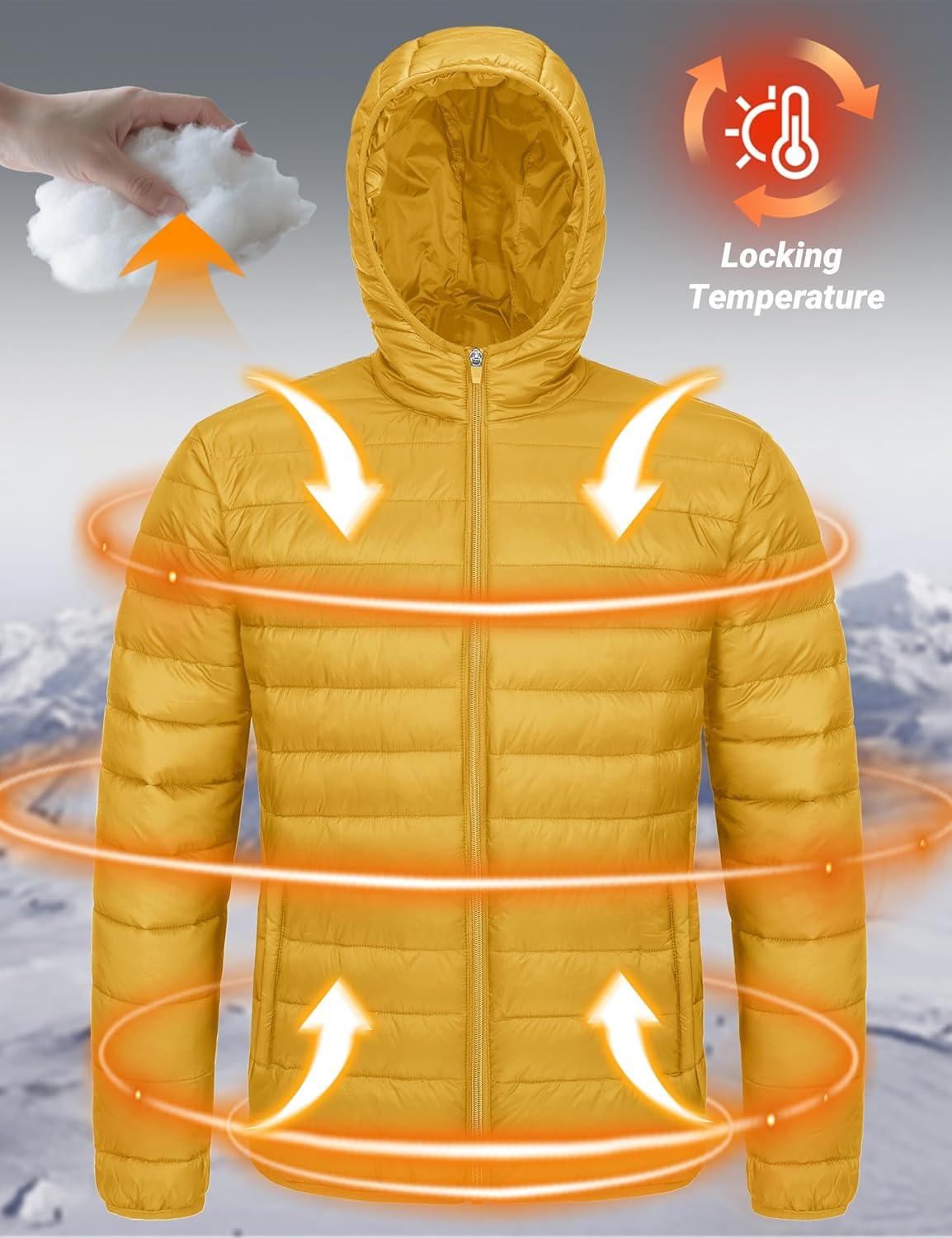 imageMAGCOMSEN Mens Lightweight Puffer Jacket Hooded Warm Winter Coat Quilted Lined WaterResistant Full Zip Bubble JacketsYellow