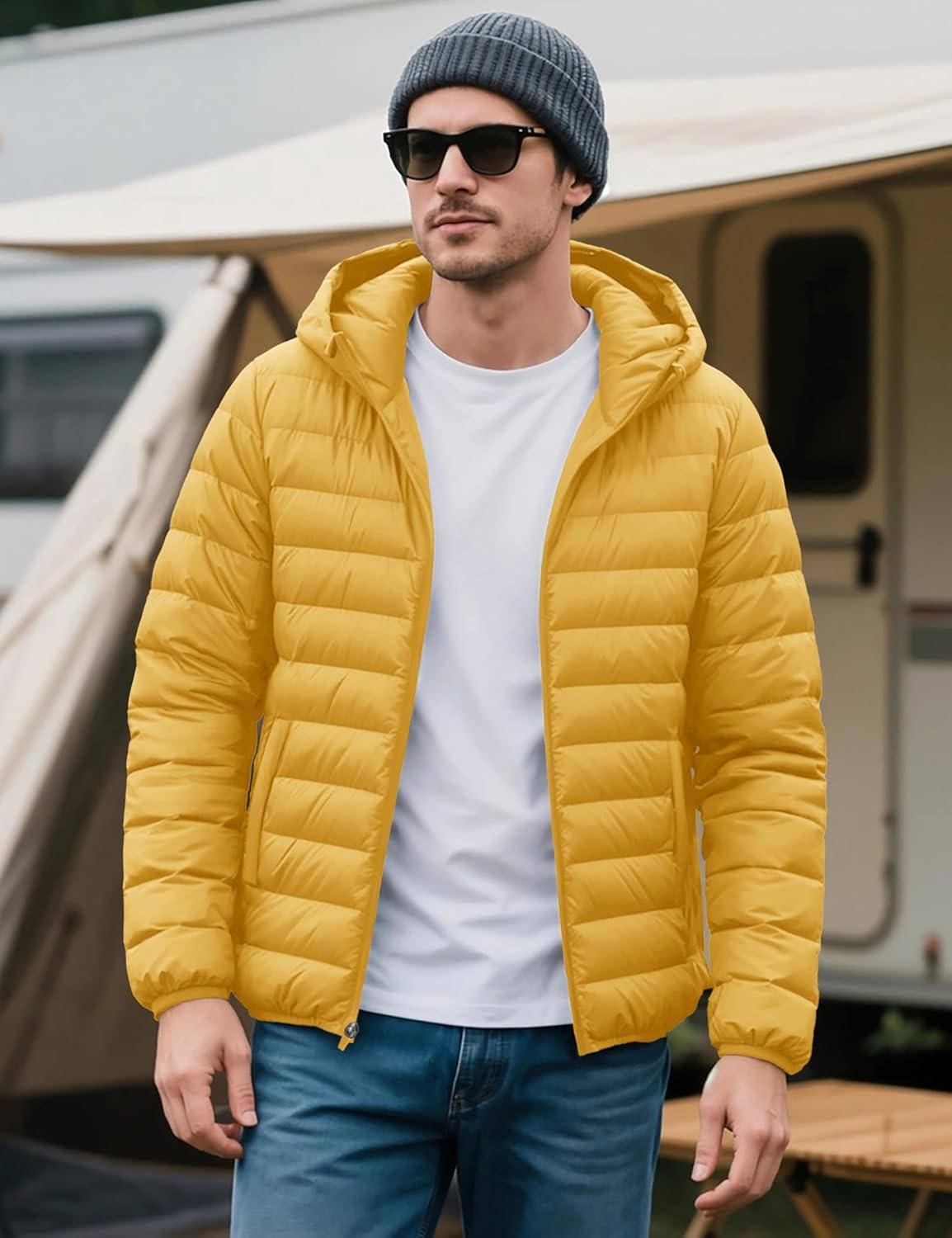 imageMAGCOMSEN Mens Lightweight Puffer Jacket Hooded Warm Winter Coat Quilted Lined WaterResistant Full Zip Bubble JacketsYellow