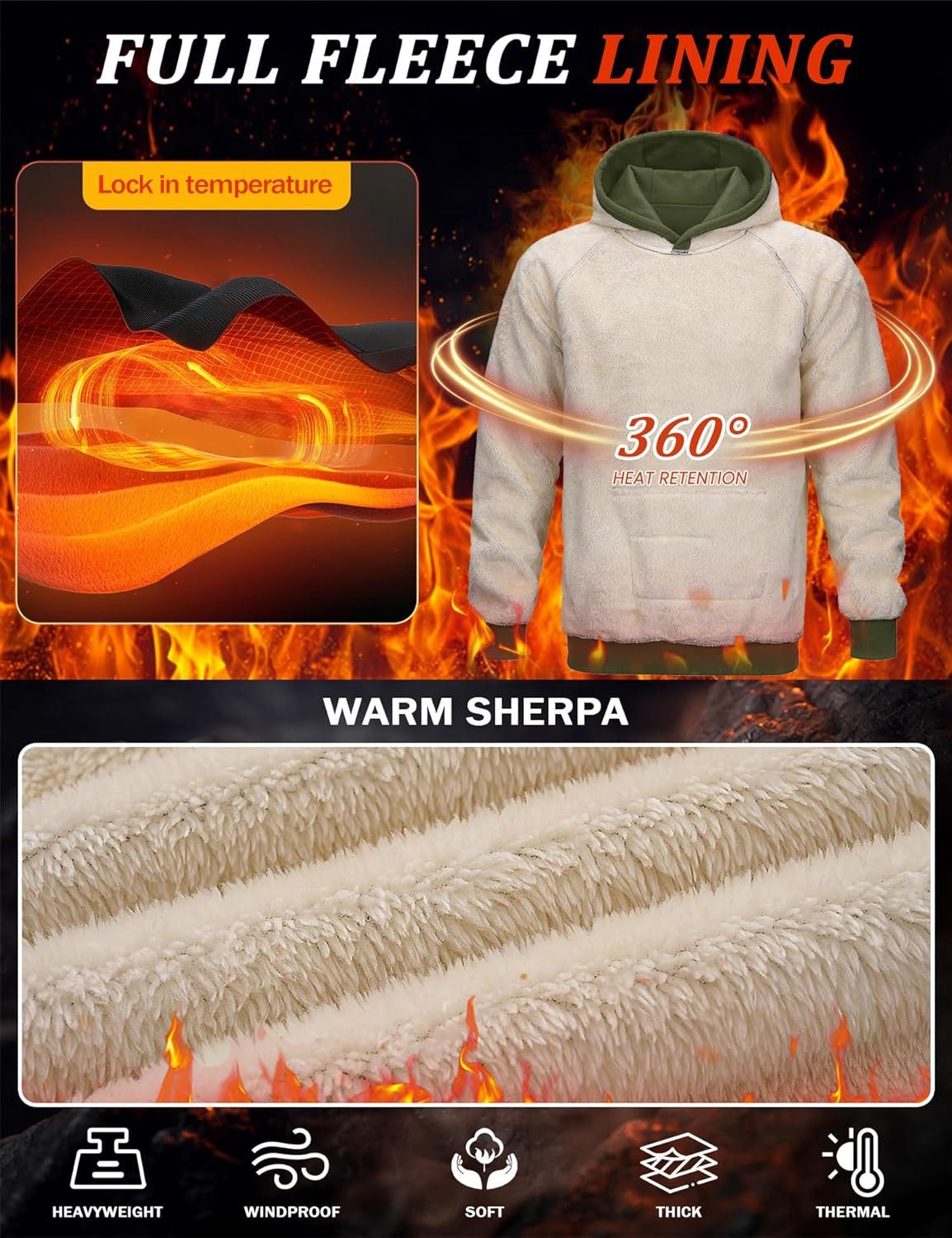imageMAGCOMSEN Mens Sherpa Hoodie Heavyweight Fleece Lined Thick Winter Thermal Athletic Sweatshirt with Kangaroo PocketArmygreen