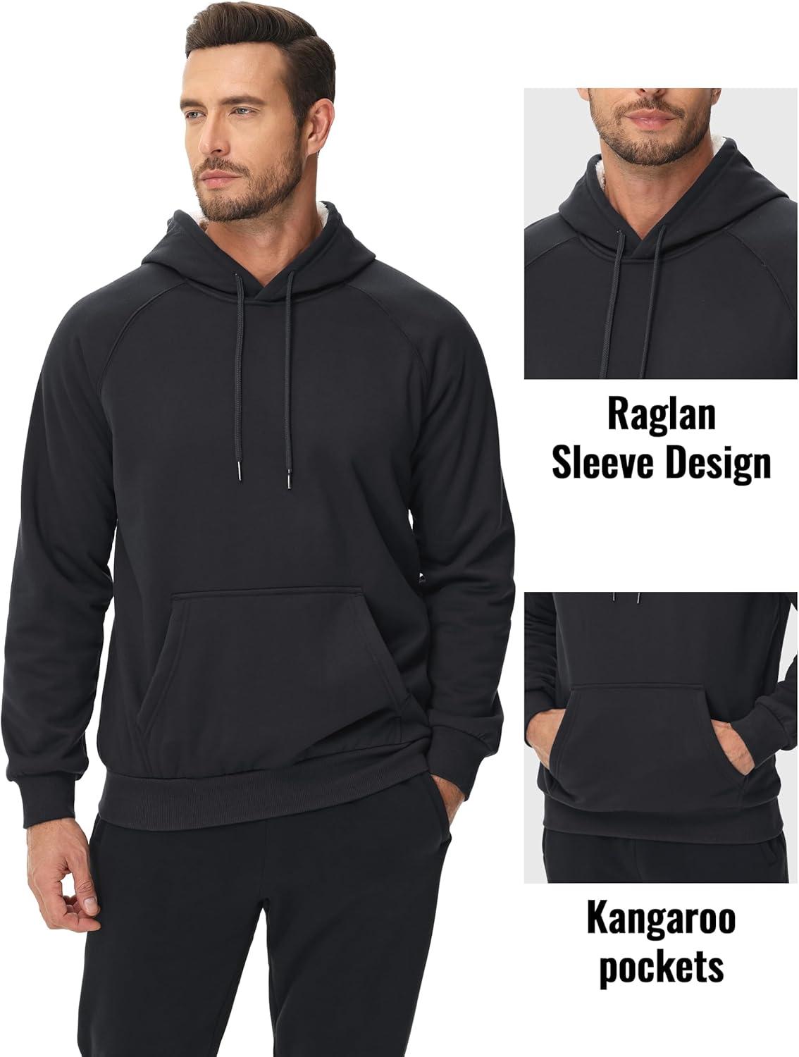 imageMAGCOMSEN Mens Sherpa Hoodie Heavyweight Fleece Lined Thick Winter Thermal Athletic Sweatshirt with Kangaroo PocketBlack
