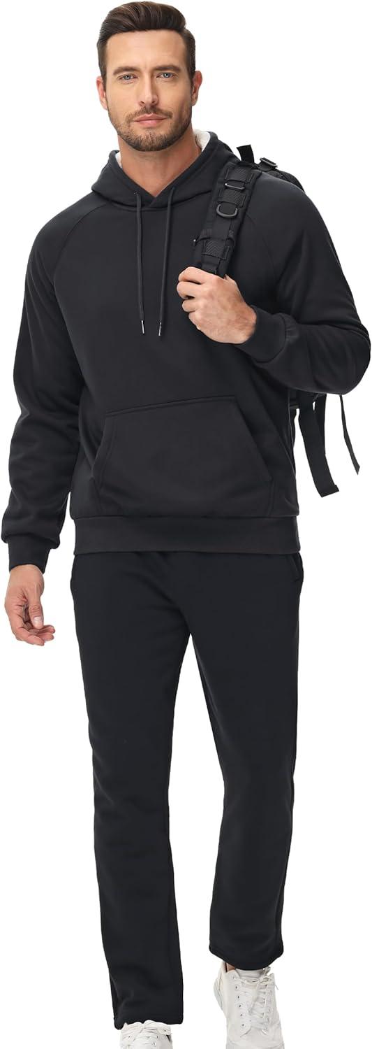 imageMAGCOMSEN Mens Sherpa Hoodie Heavyweight Fleece Lined Thick Winter Thermal Athletic Sweatshirt with Kangaroo PocketBlack