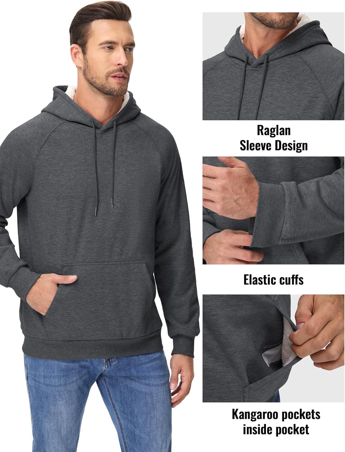 imageMAGCOMSEN Mens Sherpa Hoodie Heavyweight Fleece Lined Thick Winter Thermal Athletic Sweatshirt with Kangaroo PocketDark Grey