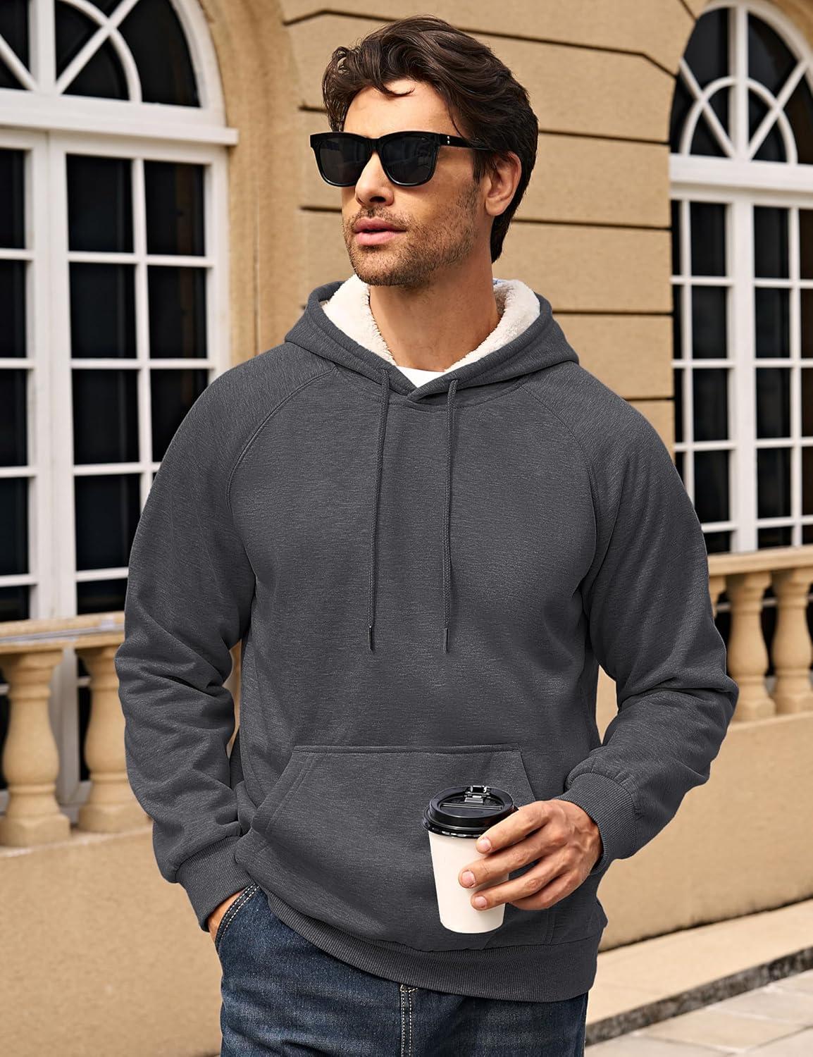 imageMAGCOMSEN Mens Sherpa Hoodie Heavyweight Fleece Lined Thick Winter Thermal Athletic Sweatshirt with Kangaroo PocketDark Grey