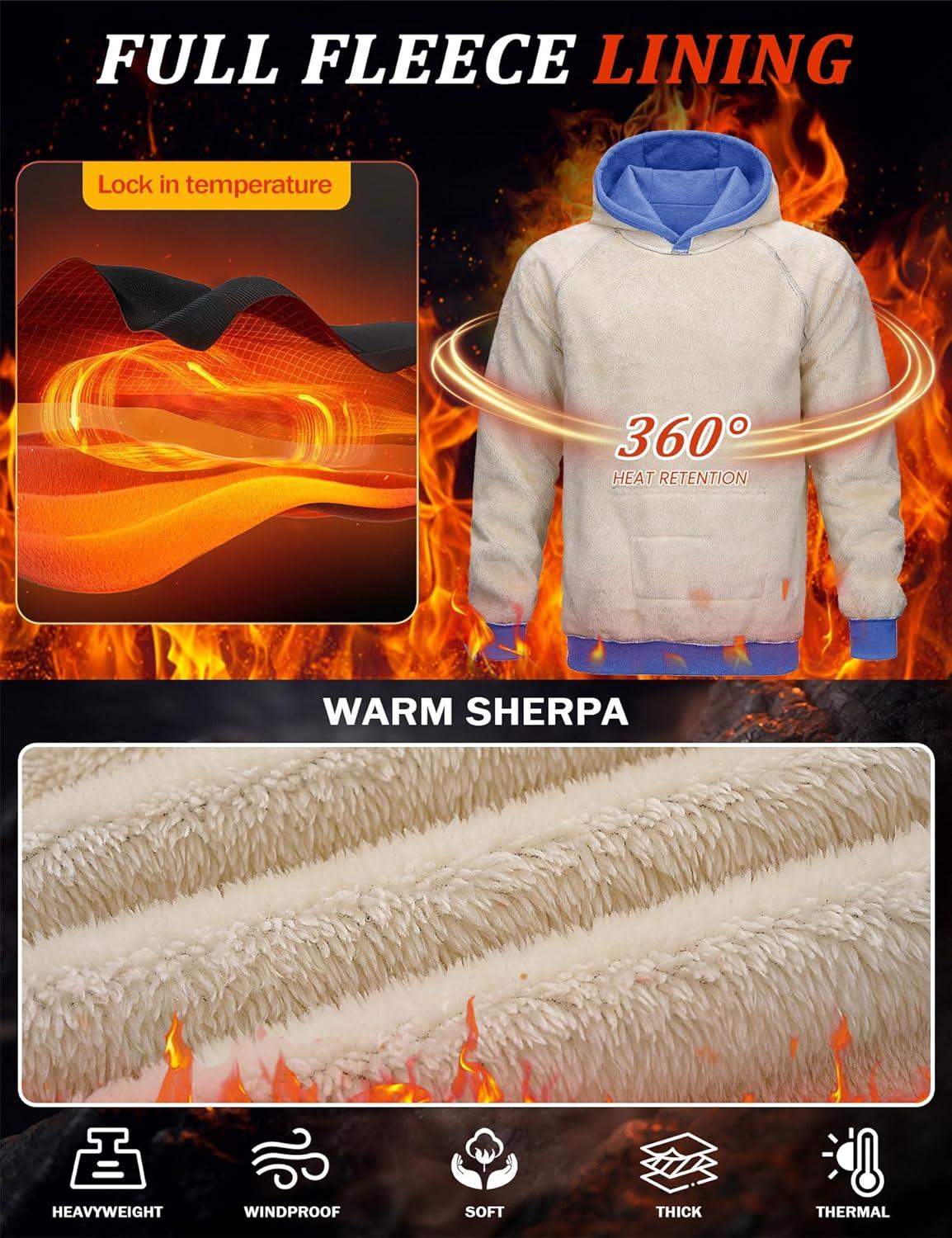 imageMAGCOMSEN Mens Sherpa Hoodie Heavyweight Fleece Lined Thick Winter Thermal Athletic Sweatshirt with Kangaroo PocketGrey Blue