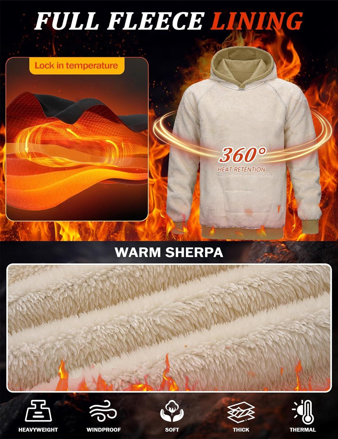 imageMAGCOMSEN Mens Sherpa Hoodie Heavyweight Fleece Lined Thick Winter Thermal Athletic Sweatshirt with Kangaroo PocketKhaki