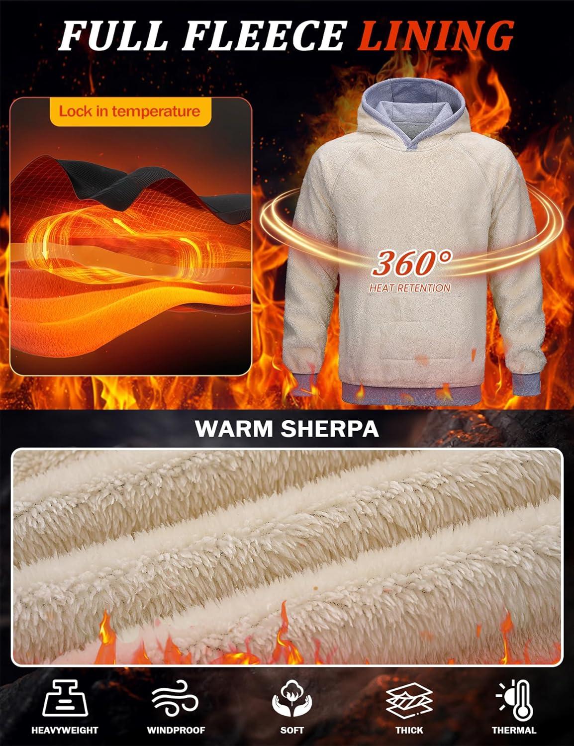 imageMAGCOMSEN Mens Sherpa Hoodie Heavyweight Fleece Lined Thick Winter Thermal Athletic Sweatshirt with Kangaroo PocketLight Grey