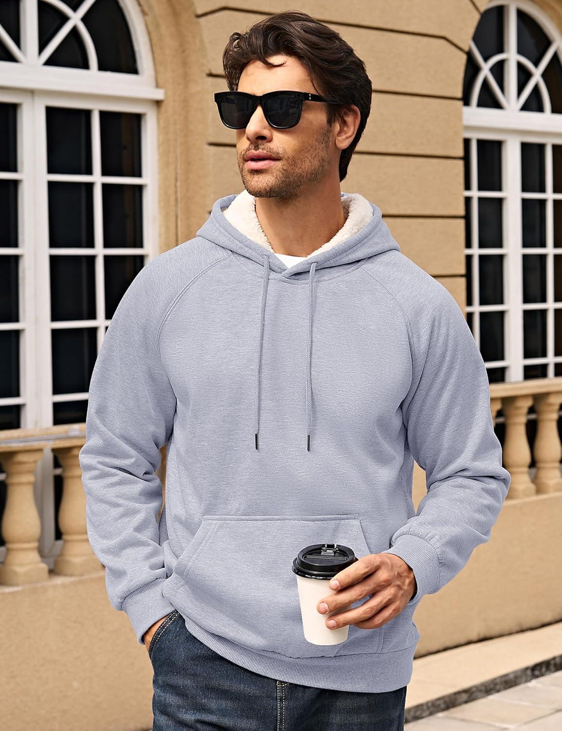 imageMAGCOMSEN Mens Sherpa Hoodie Heavyweight Fleece Lined Thick Winter Thermal Athletic Sweatshirt with Kangaroo PocketLight Grey