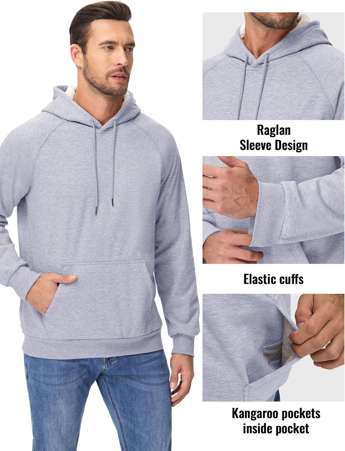 imageMAGCOMSEN Mens Sherpa Hoodie Heavyweight Fleece Lined Thick Winter Thermal Athletic Sweatshirt with Kangaroo PocketLight Grey