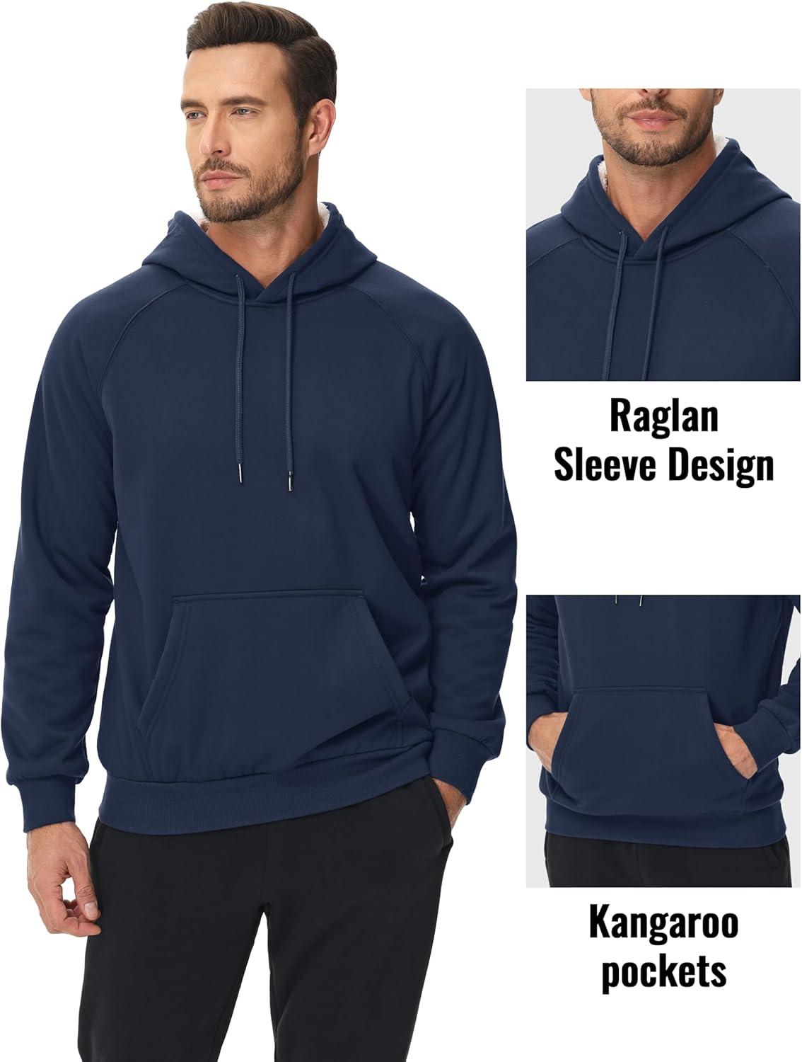 imageMAGCOMSEN Mens Sherpa Hoodie Heavyweight Fleece Lined Thick Winter Thermal Athletic Sweatshirt with Kangaroo PocketNavy