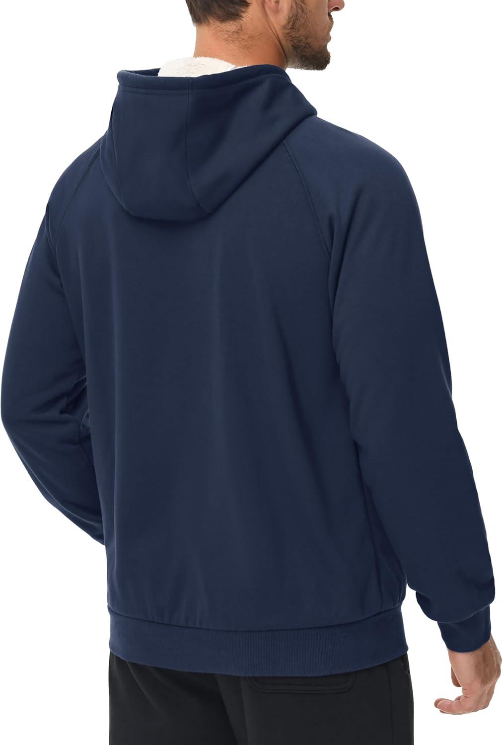 imageMAGCOMSEN Mens Sherpa Hoodie Heavyweight Fleece Lined Thick Winter Thermal Athletic Sweatshirt with Kangaroo PocketNavy