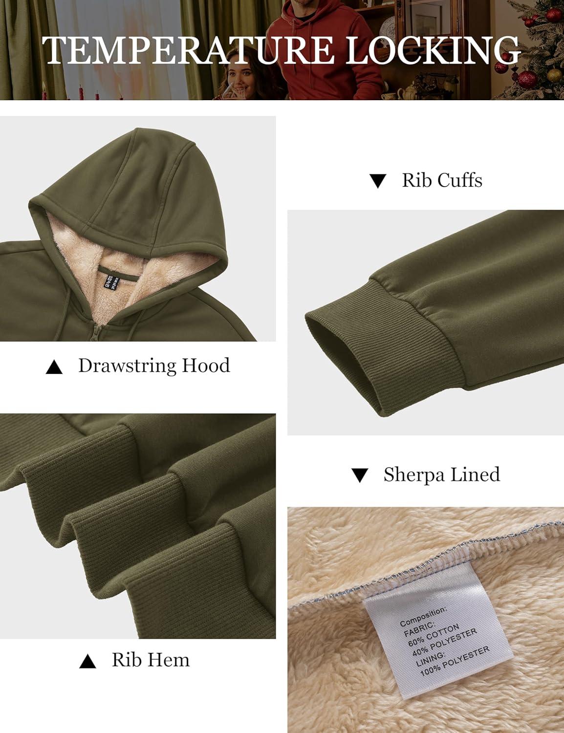 imageMAGCOMSEN Mens Zip Up Hoodie Sherpa Lined Hooded Sweatshirt Winter Heavyweight Hoodies Warm Thick Fleece JacketArmy Green