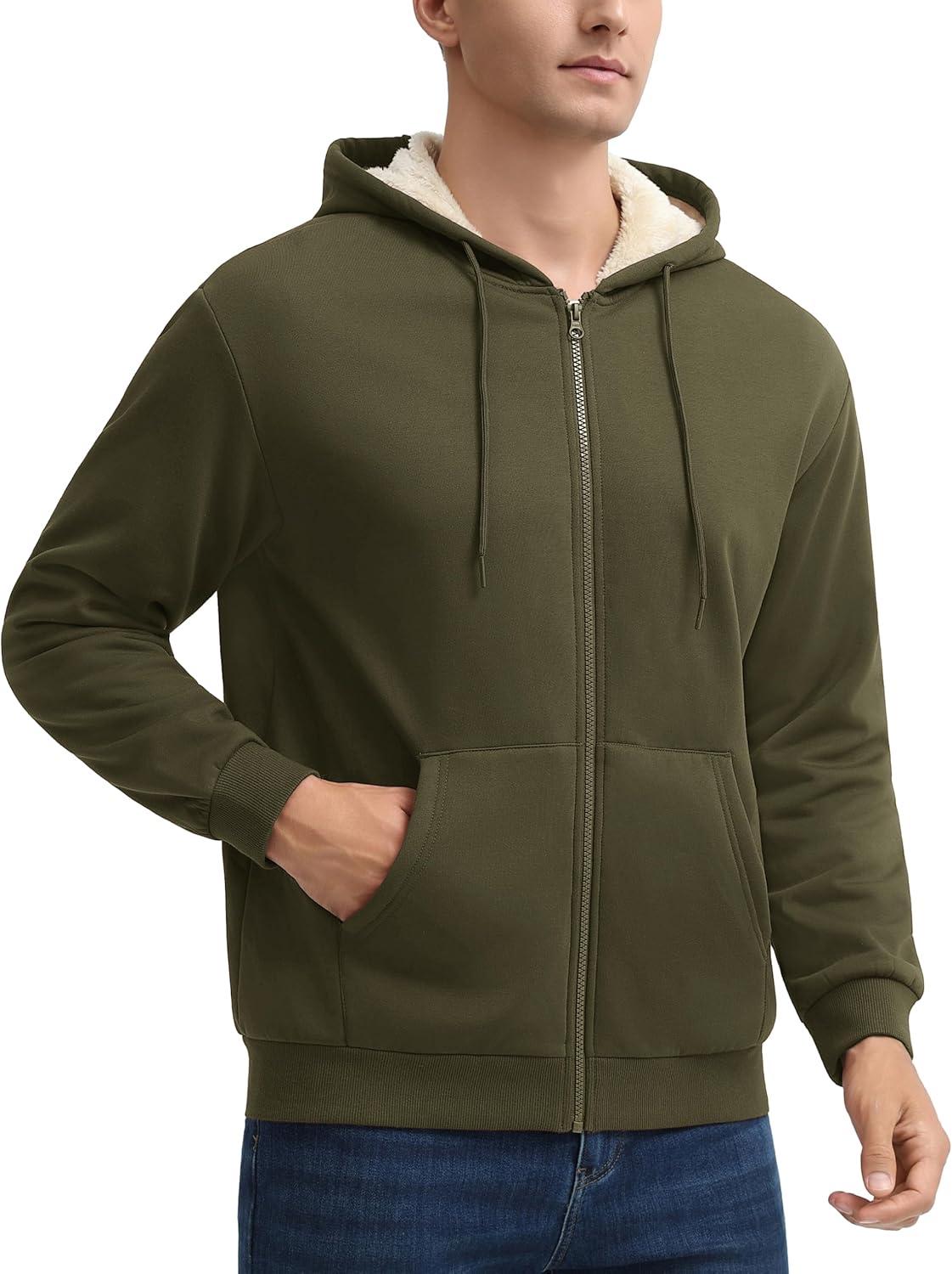 imageMAGCOMSEN Mens Zip Up Hoodie Sherpa Lined Hooded Sweatshirt Winter Heavyweight Hoodies Warm Thick Fleece JacketArmy Green