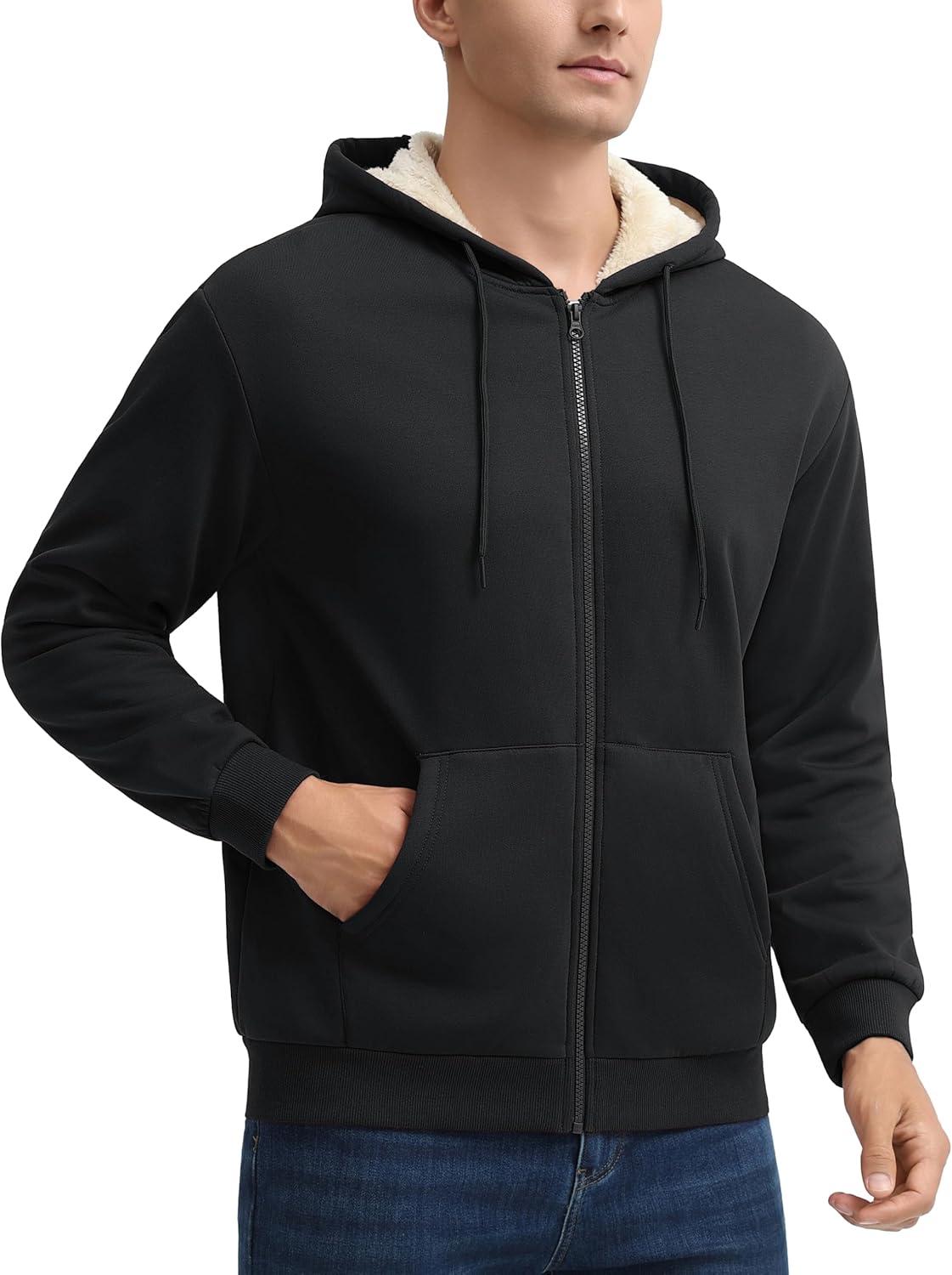 imageMAGCOMSEN Mens Zip Up Hoodie Sherpa Lined Hooded Sweatshirt Winter Heavyweight Hoodies Warm Thick Fleece JacketBlack
