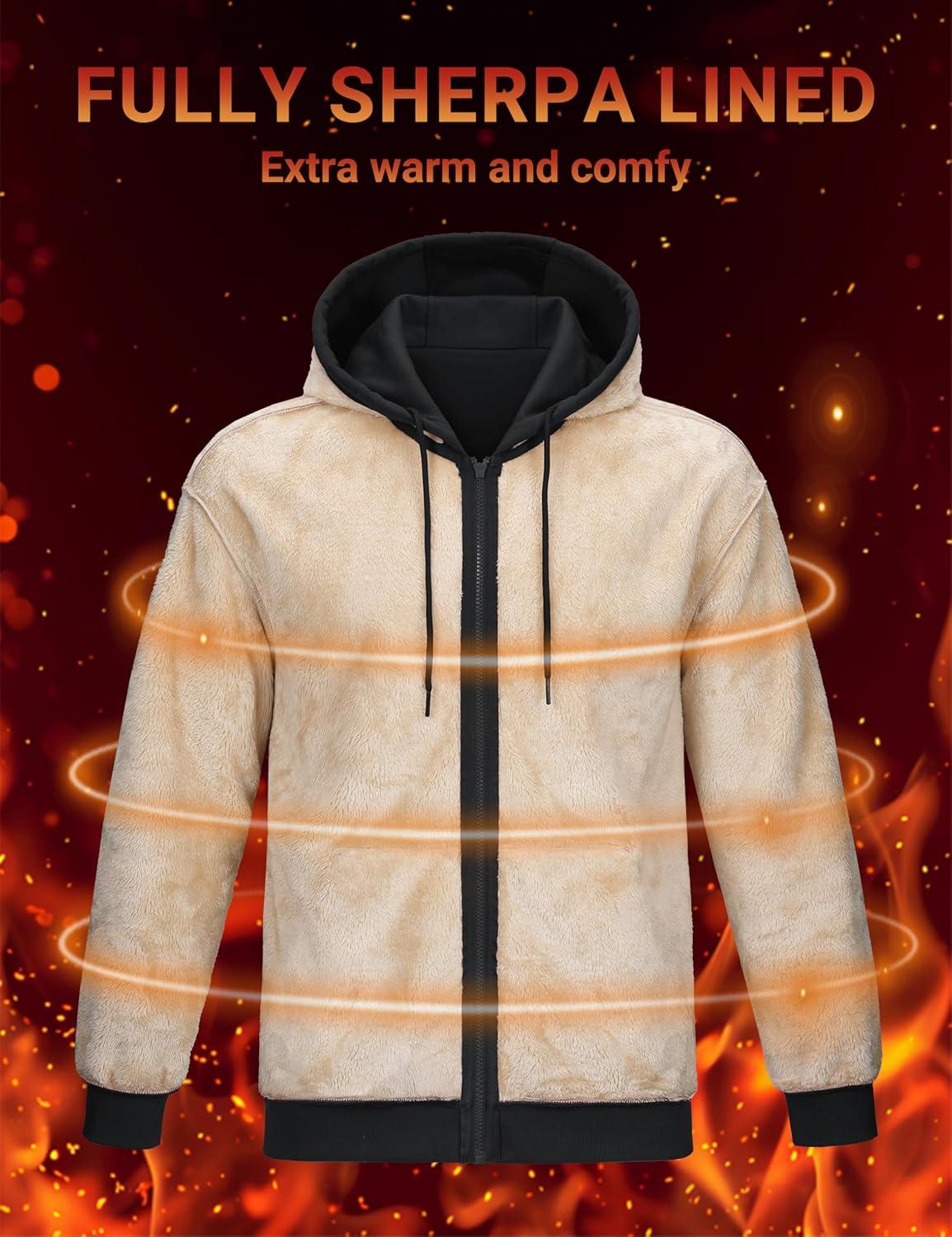 imageMAGCOMSEN Mens Zip Up Hoodie Sherpa Lined Hooded Sweatshirt Winter Heavyweight Hoodies Warm Thick Fleece JacketBlack