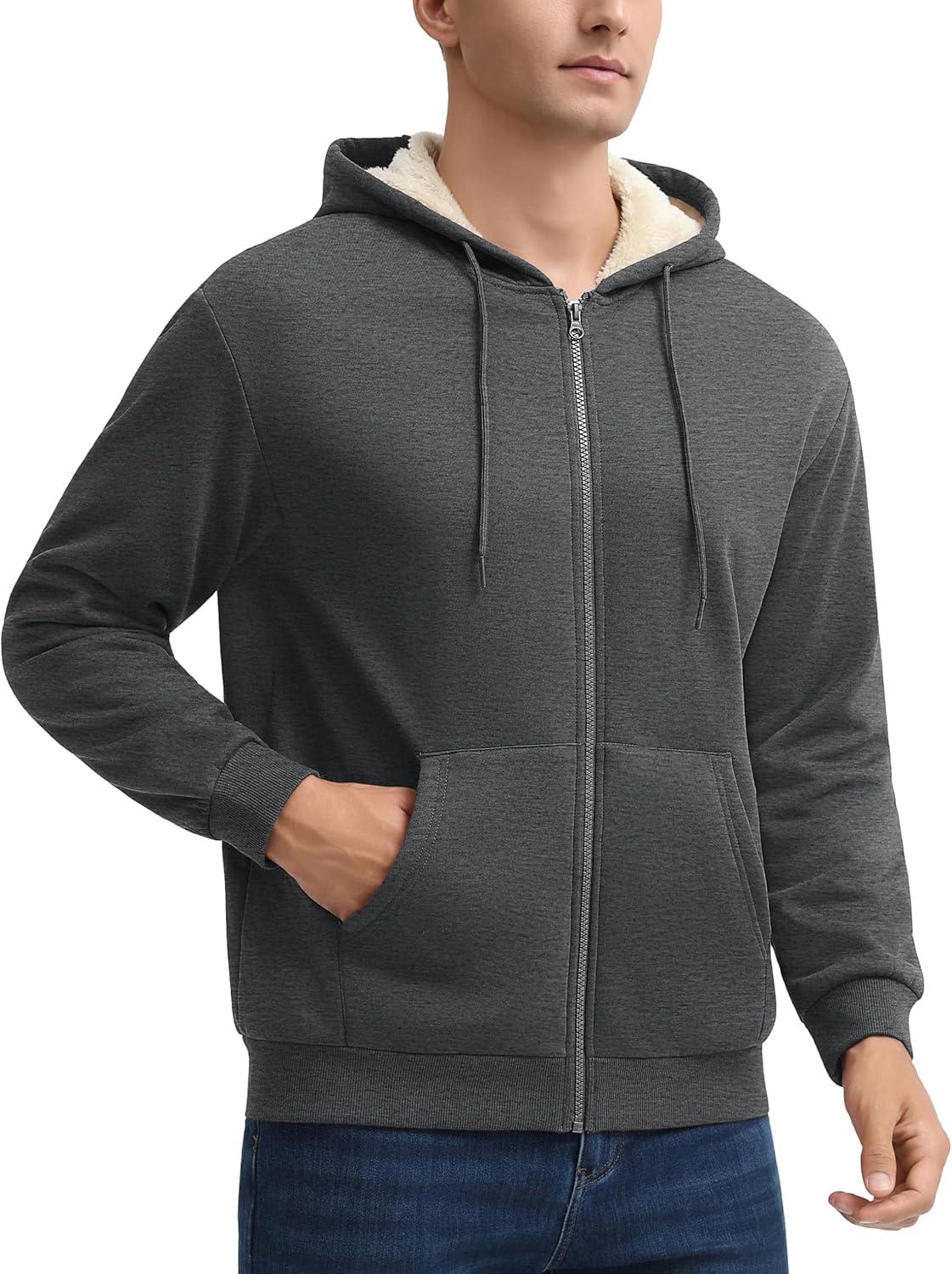 imageMAGCOMSEN Mens Zip Up Hoodie Sherpa Lined Hooded Sweatshirt Winter Heavyweight Hoodies Warm Thick Fleece JacketDark Gray